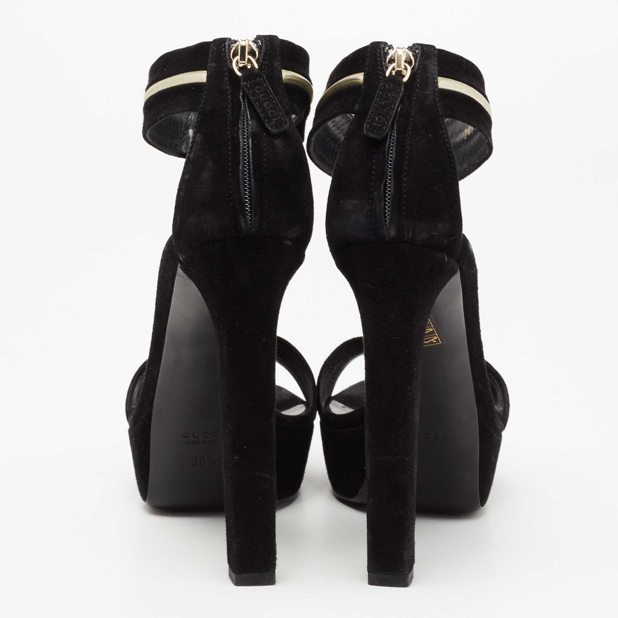 Gucci Black Suede And Leather T-Strap Platform Ankle Strap Sandals Size 38.5 For Sale 1
