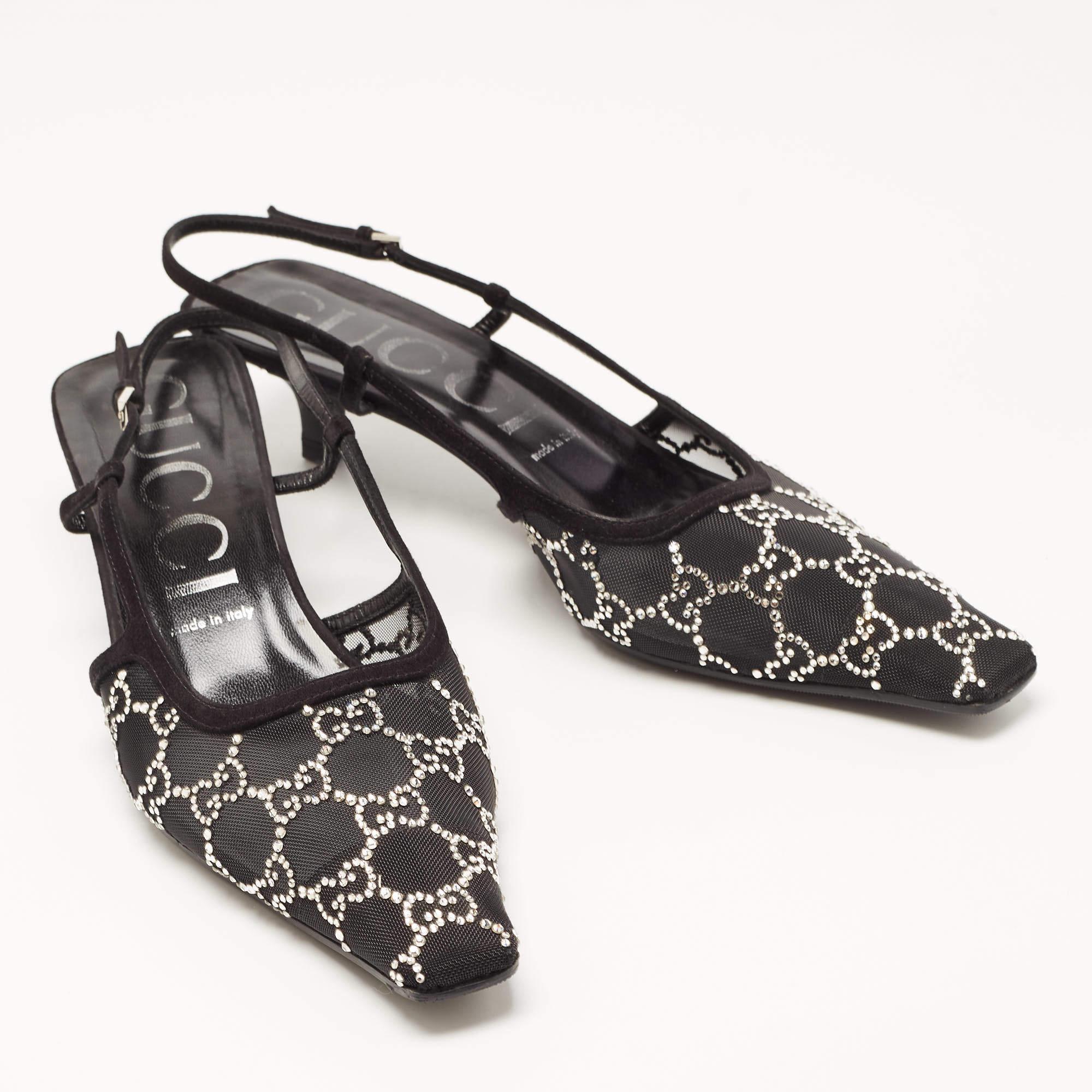 Gucci Black Suede and Mesh Crystal Embellished Slingback Sandals Size 41.5 In Good Condition In Dubai, Al Qouz 2