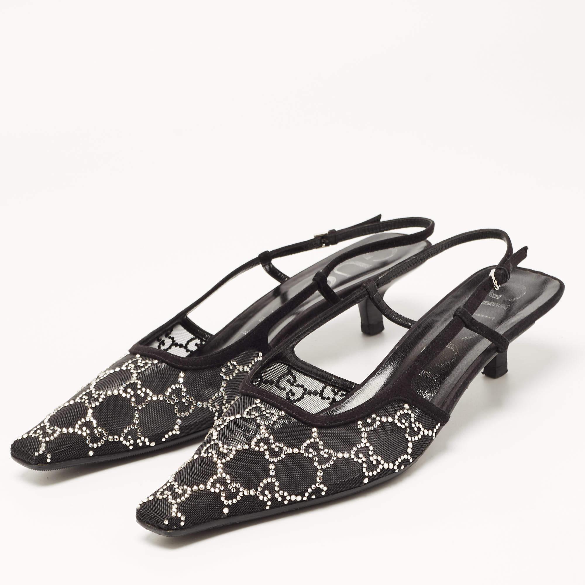 Gucci Black Suede and Mesh Crystal Embellished Slingback Sandals Size 41.5 4