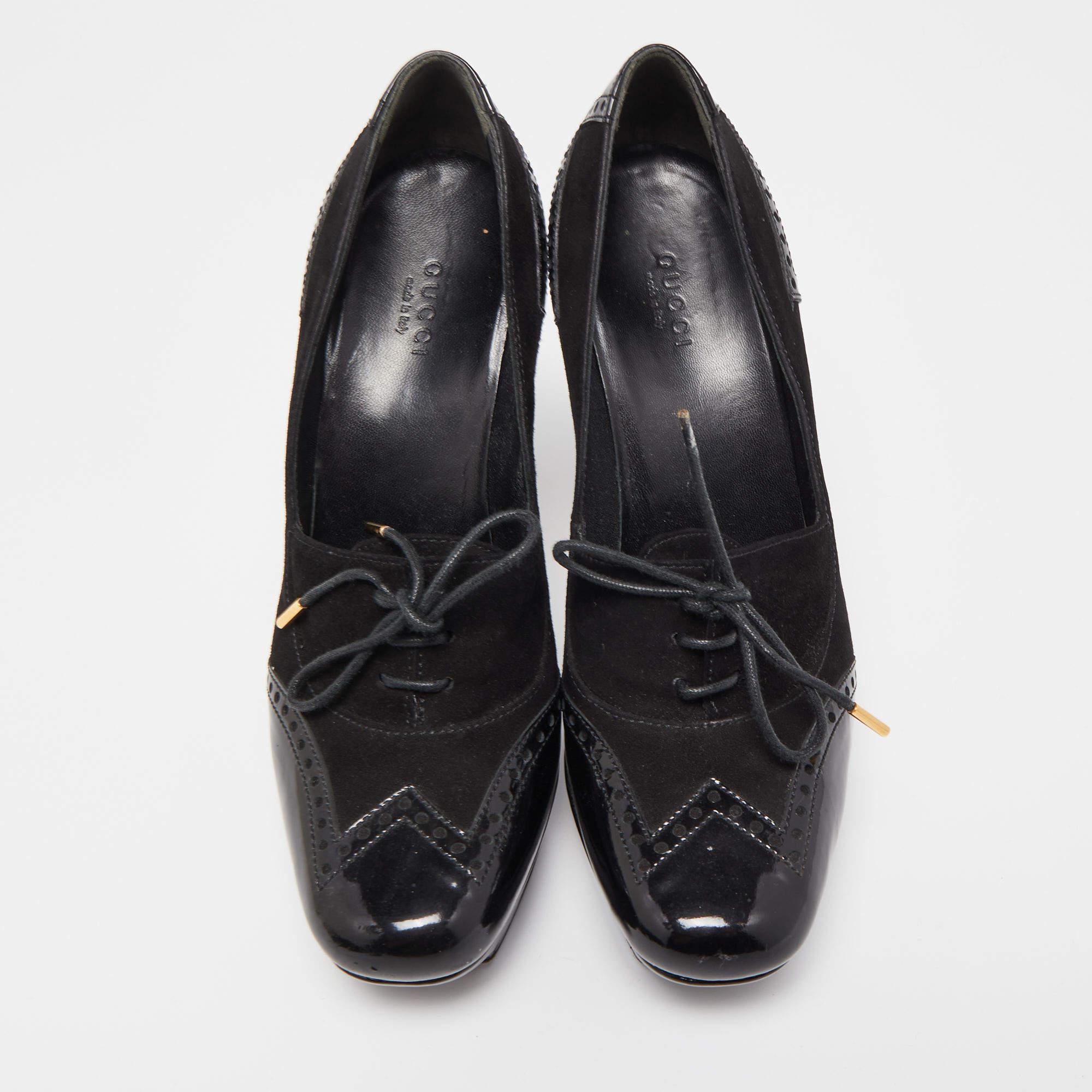 Gucci Schwarze Plateau Pumps aus Wildleder und Lackleder mit Schnürung aus Lackleder Größe 38,5 im Zustand „Relativ gut“ in Dubai, Al Qouz 2