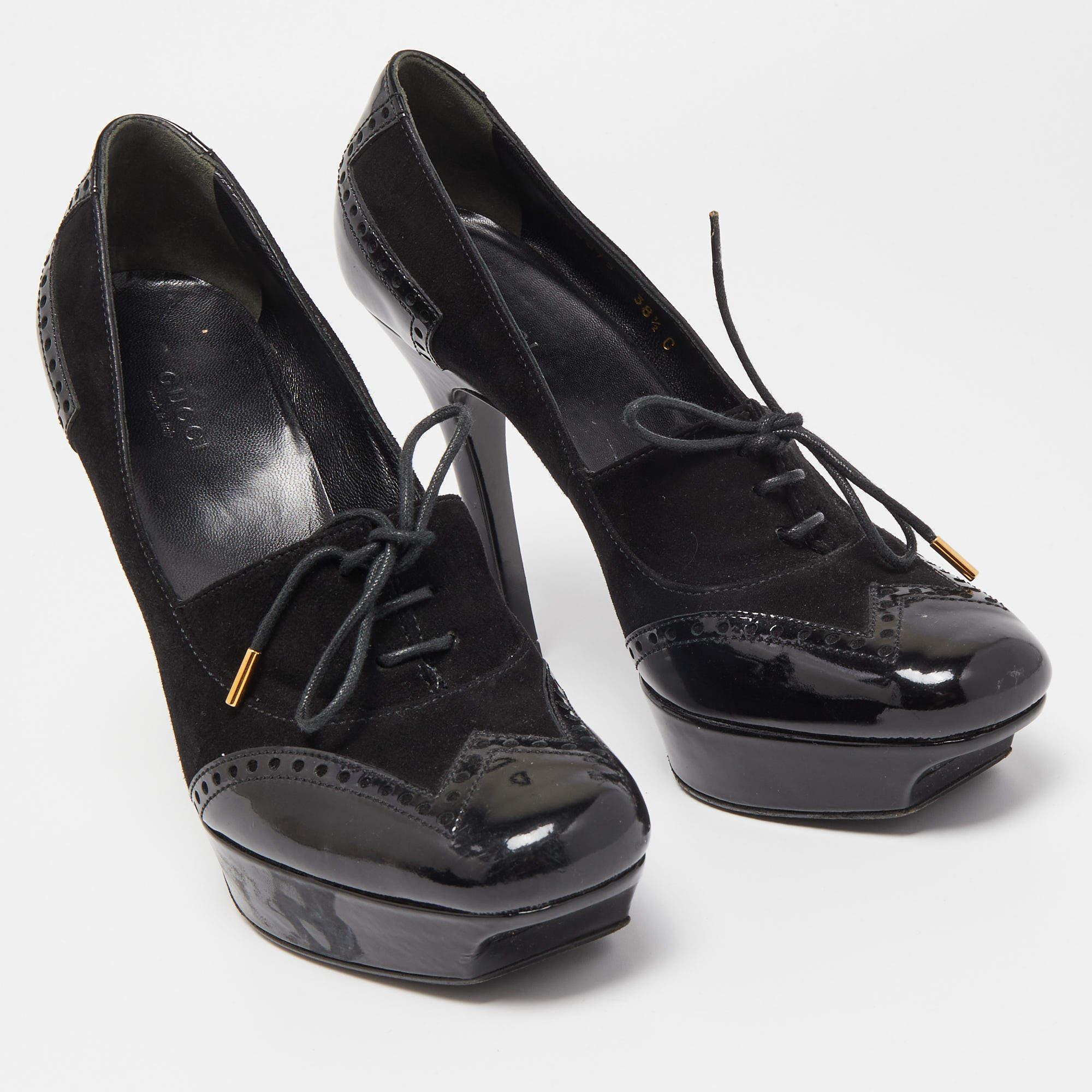 Gucci Schwarze Plateau Pumps aus Wildleder und Lackleder mit Schnürung aus Lackleder Größe 38,5 Damen