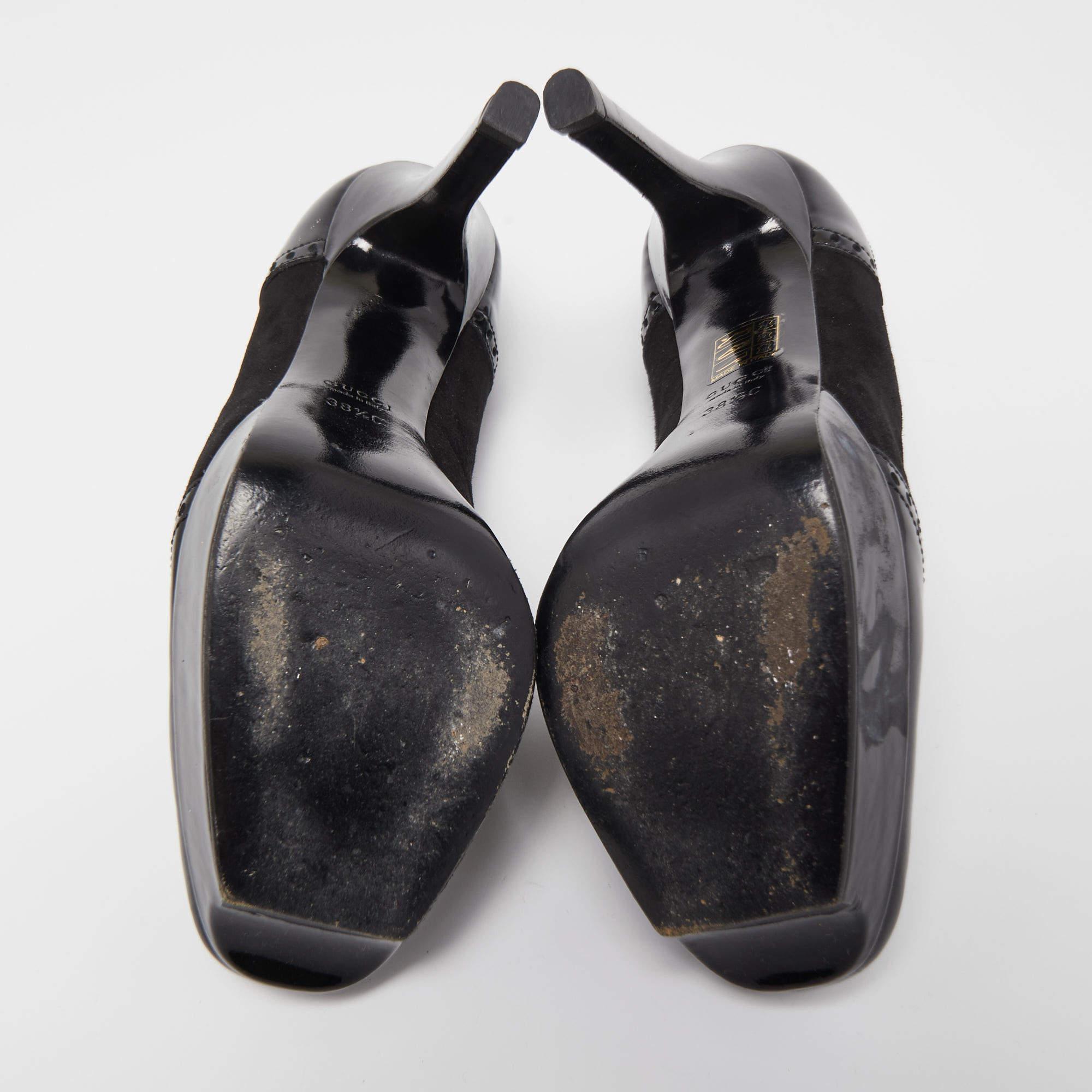 Gucci Schwarze Plateau Pumps aus Wildleder und Lackleder mit Schnürung aus Lackleder Größe 38,5 2