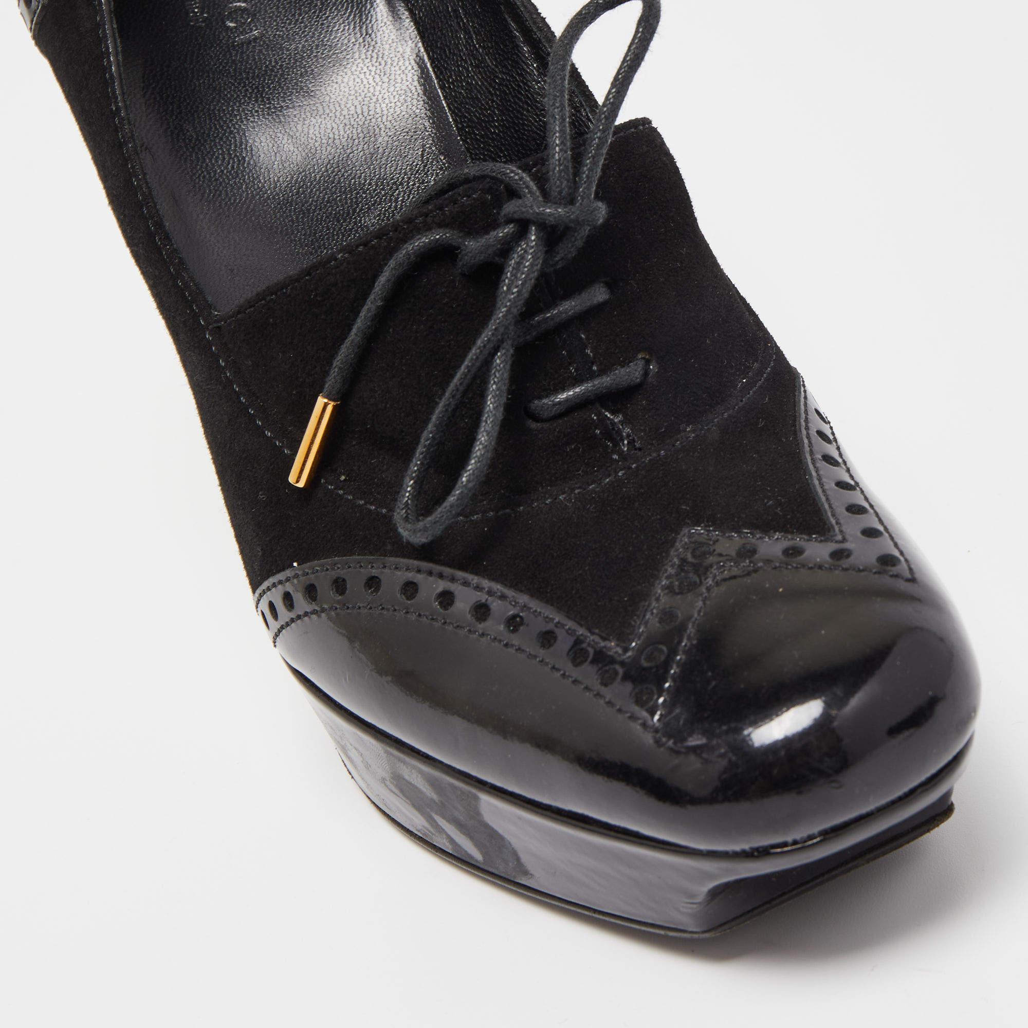 Gucci Schwarze Plateau Pumps aus Wildleder und Lackleder mit Schnürung aus Lackleder Größe 38,5 3