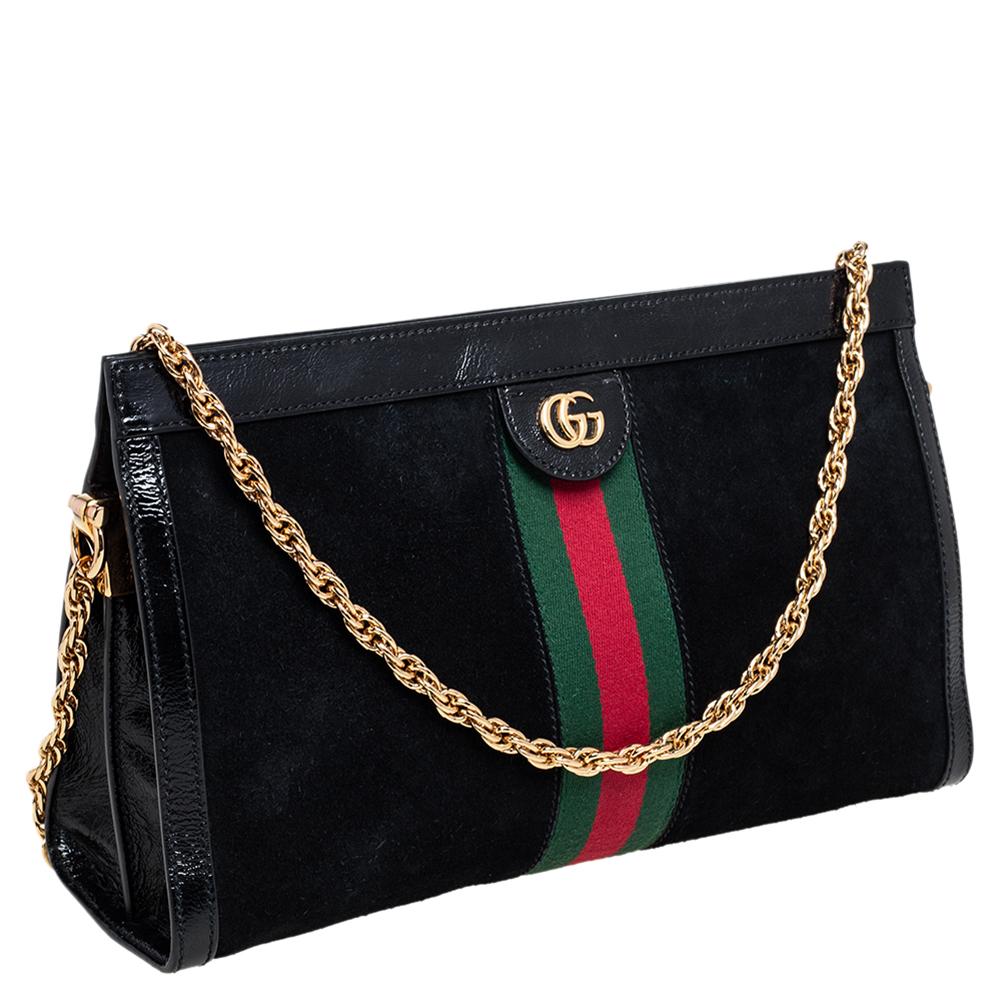 Gucci Black Suede and Patent Leather Medium Ophidia Chain Shoulder Bag In Good Condition In Dubai, Al Qouz 2
