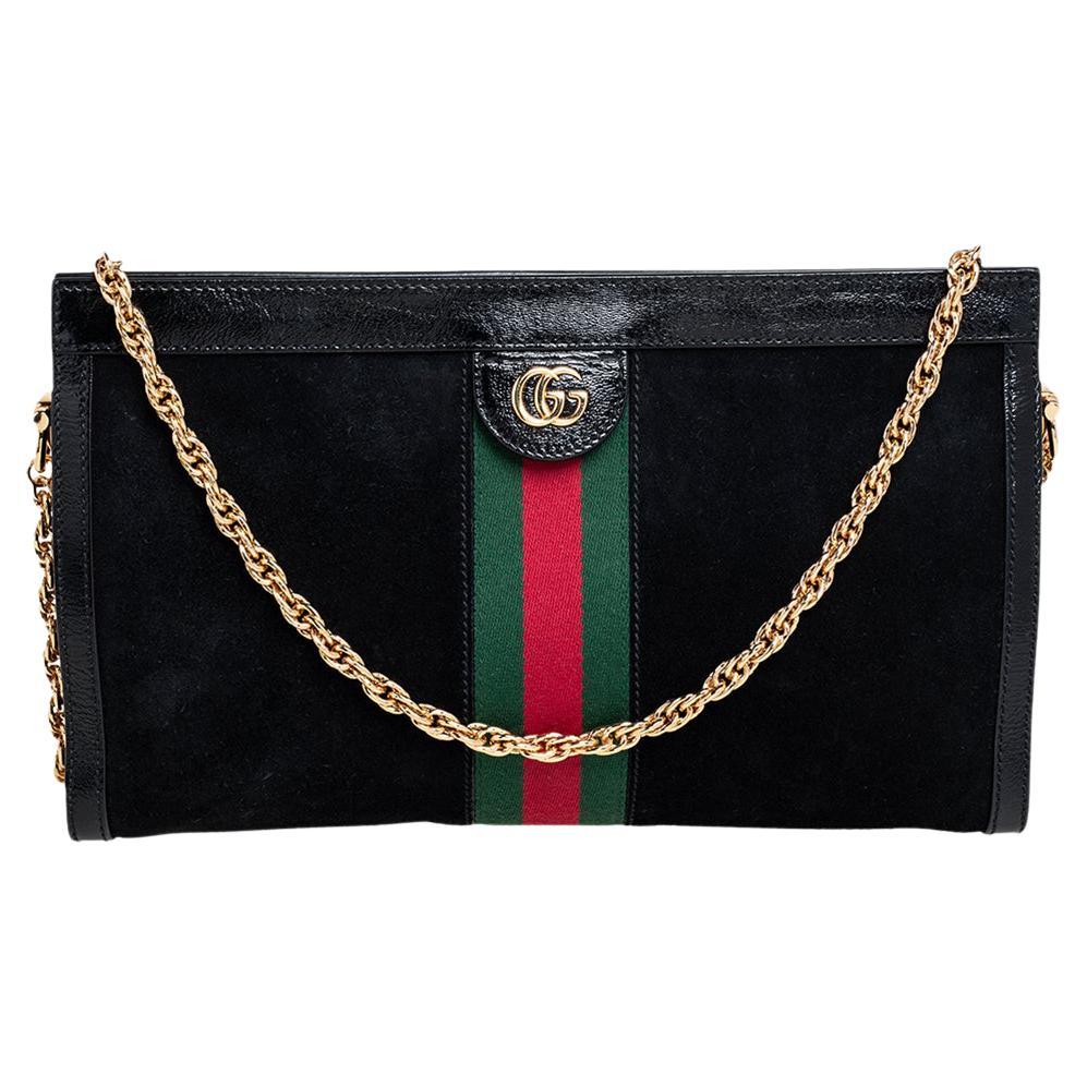 Gucci Black Suede and Patent Leather Medium Ophidia Chain Shoulder Bag