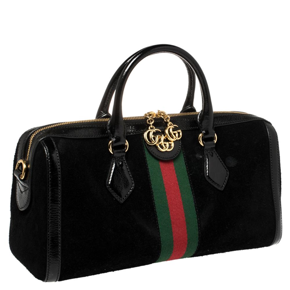 Women's Gucci Black Suede and Patent Leather Ophidia Satchel