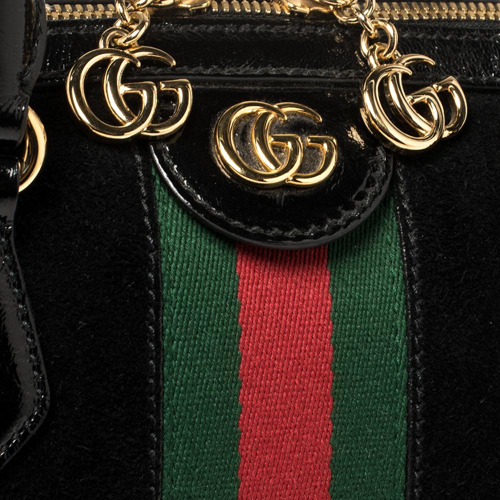Gucci Black Suede and Patent Leather Ophidia Satchel In Good Condition In Dubai, Al Qouz 2