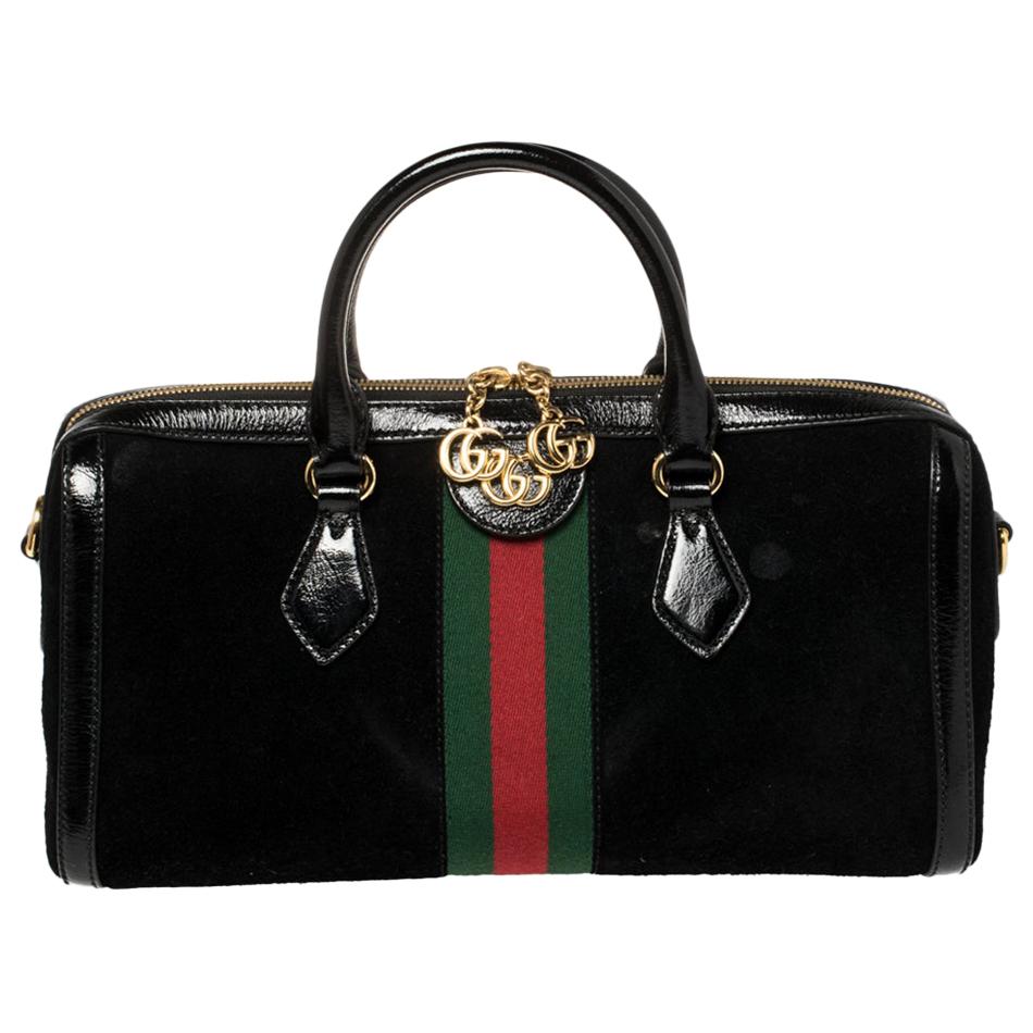 Gucci Black Suede and Patent Leather Ophidia Satchel