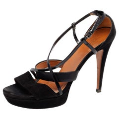 Gucci Black Suede And Patent Leather Platform Ankle Strap Sandals Size 39.5