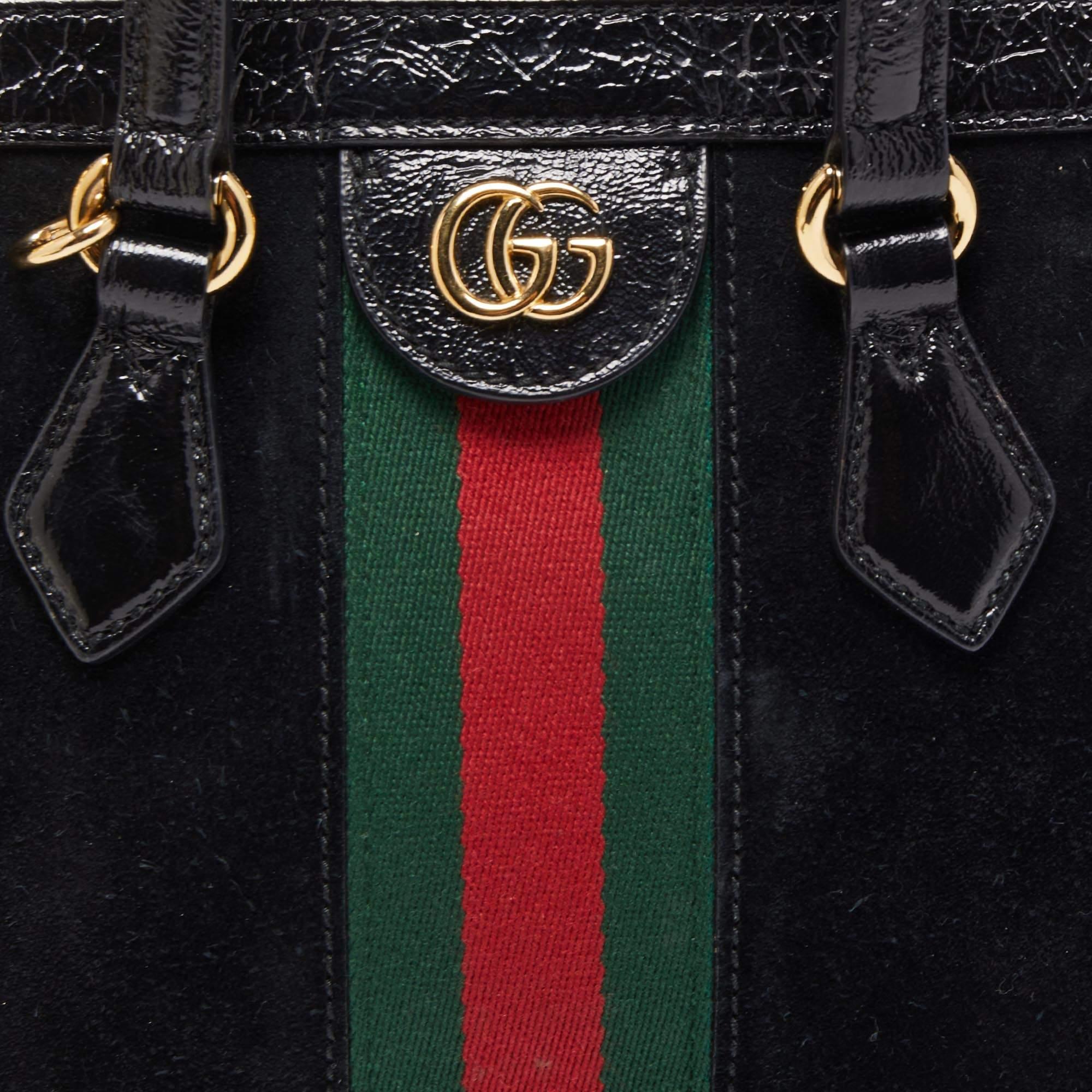 Gucci Black Suede and Patent Leather Small Web Ophidia Tote 9