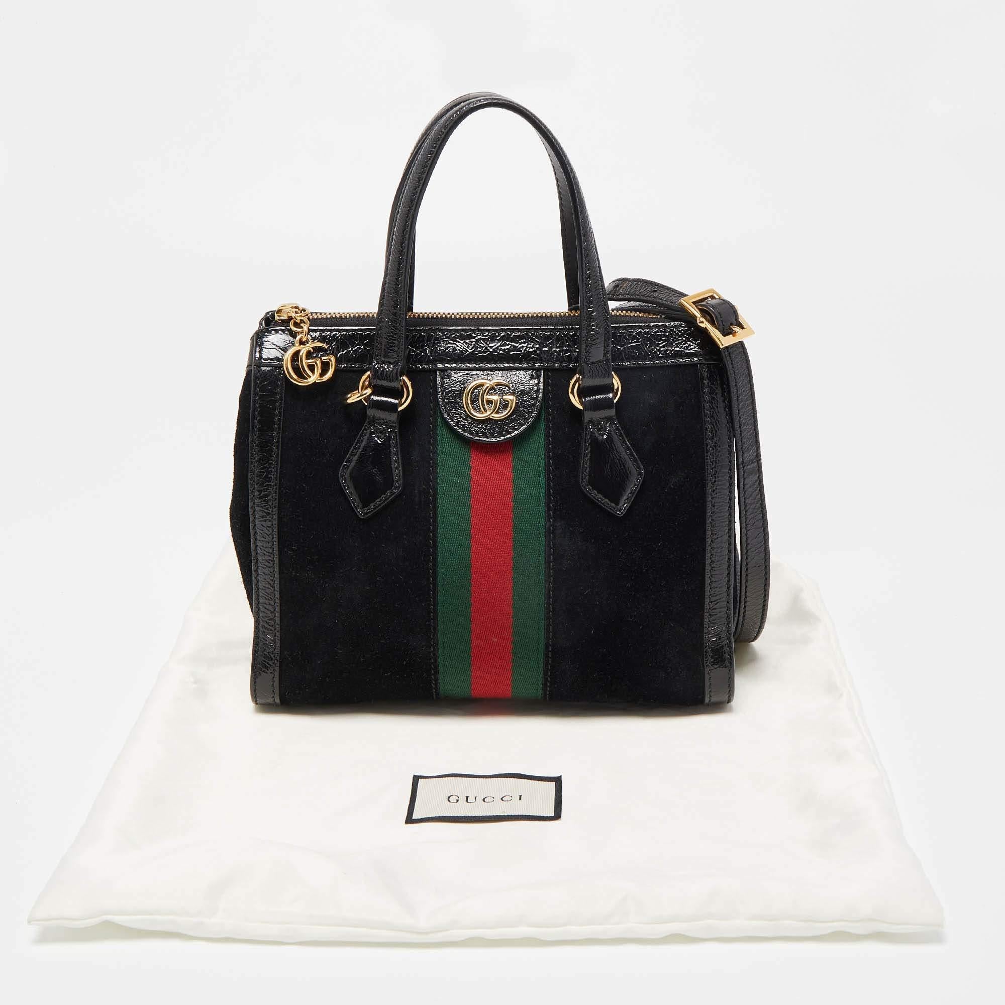 Gucci Black Suede and Patent Leather Small Web Ophidia Tote For Sale 10