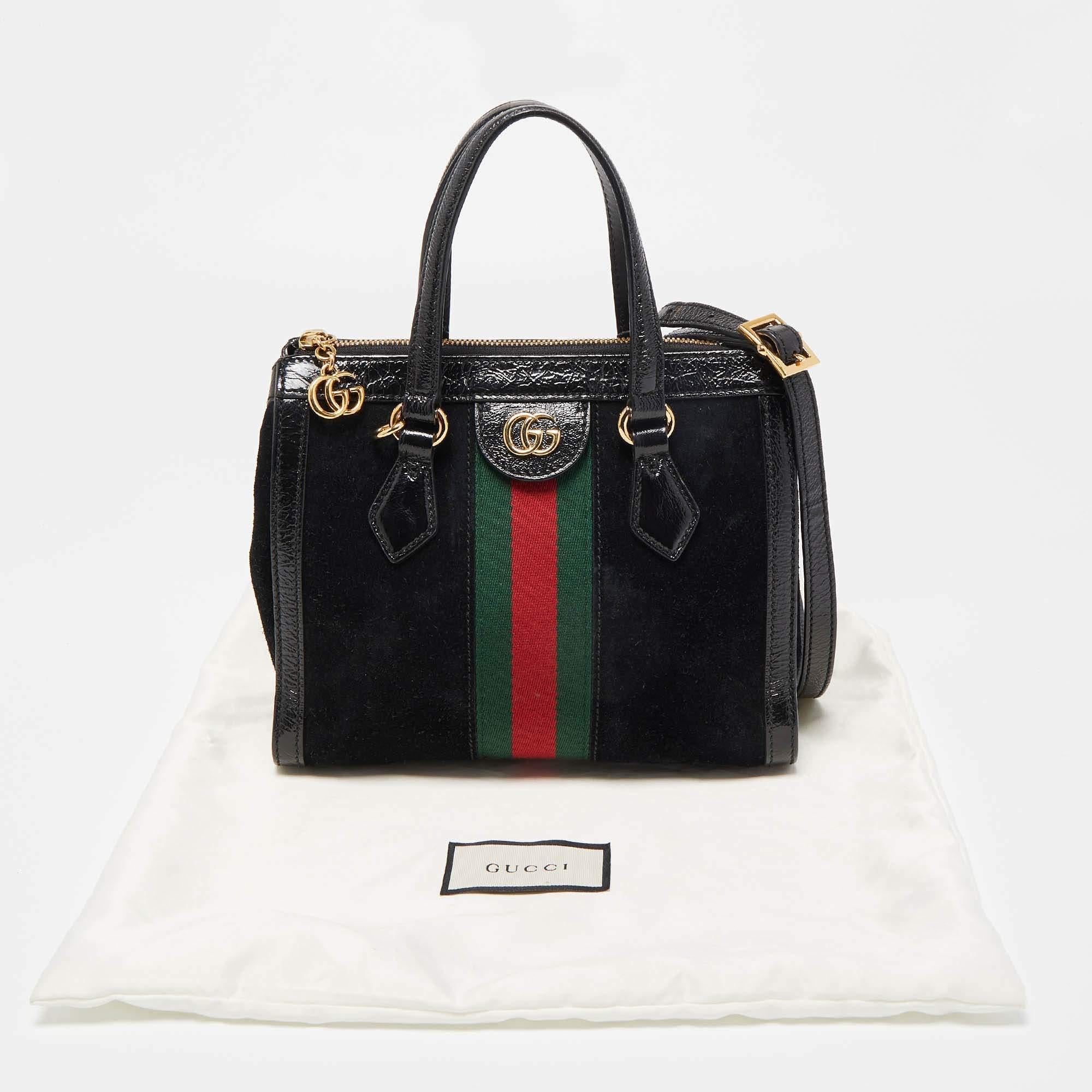 Gucci Schwarze Tasche aus Wildleder und Lackleder Small Web Ophidia Tote im Angebot 11