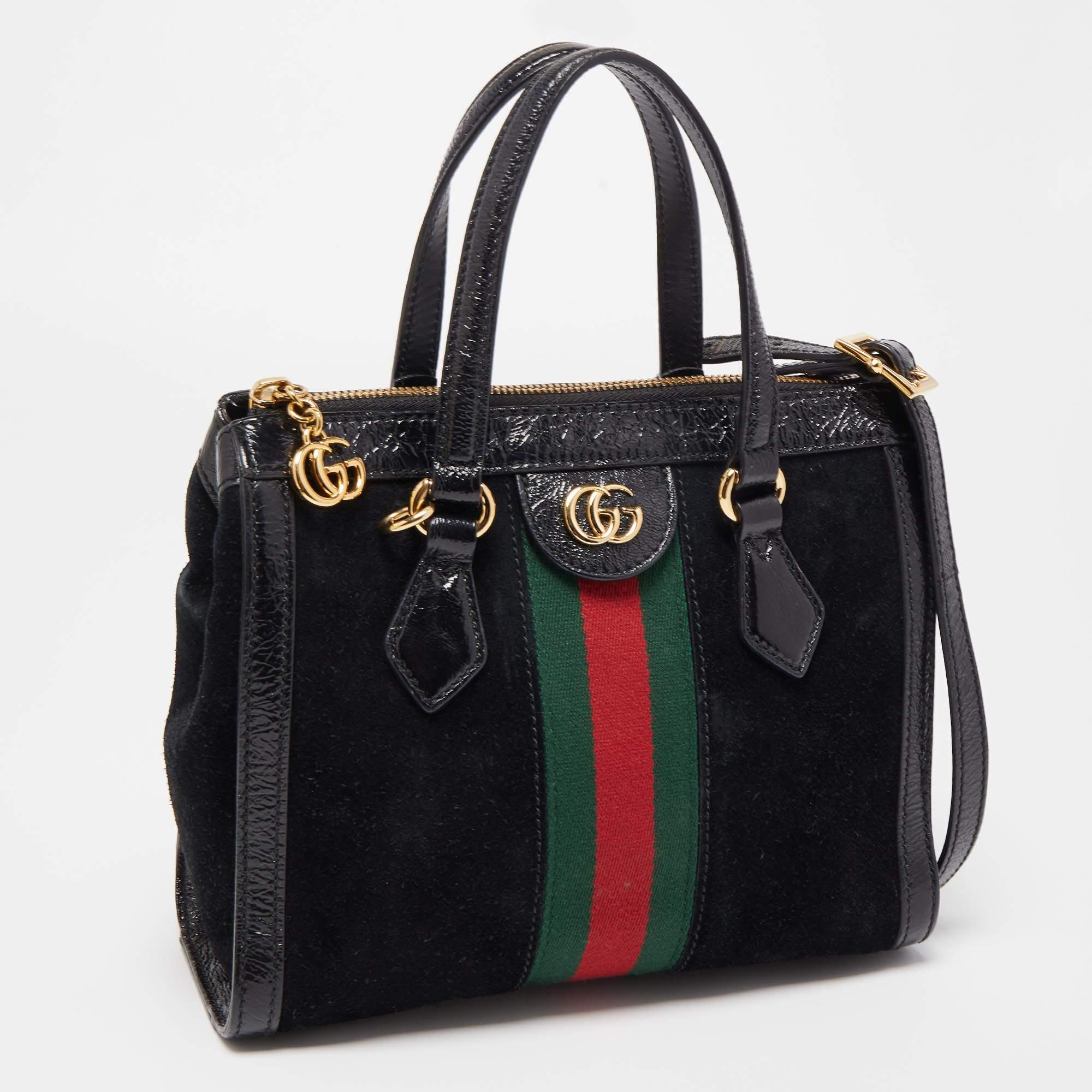 Women's Gucci Black Suede and Patent Leather Small Web Ophidia Tote
