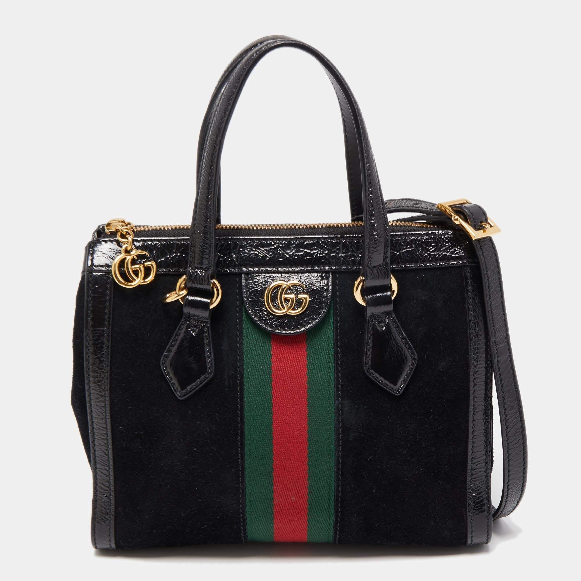 Gucci Black Suede and Patent Leather Small Web Ophidia Tote 4