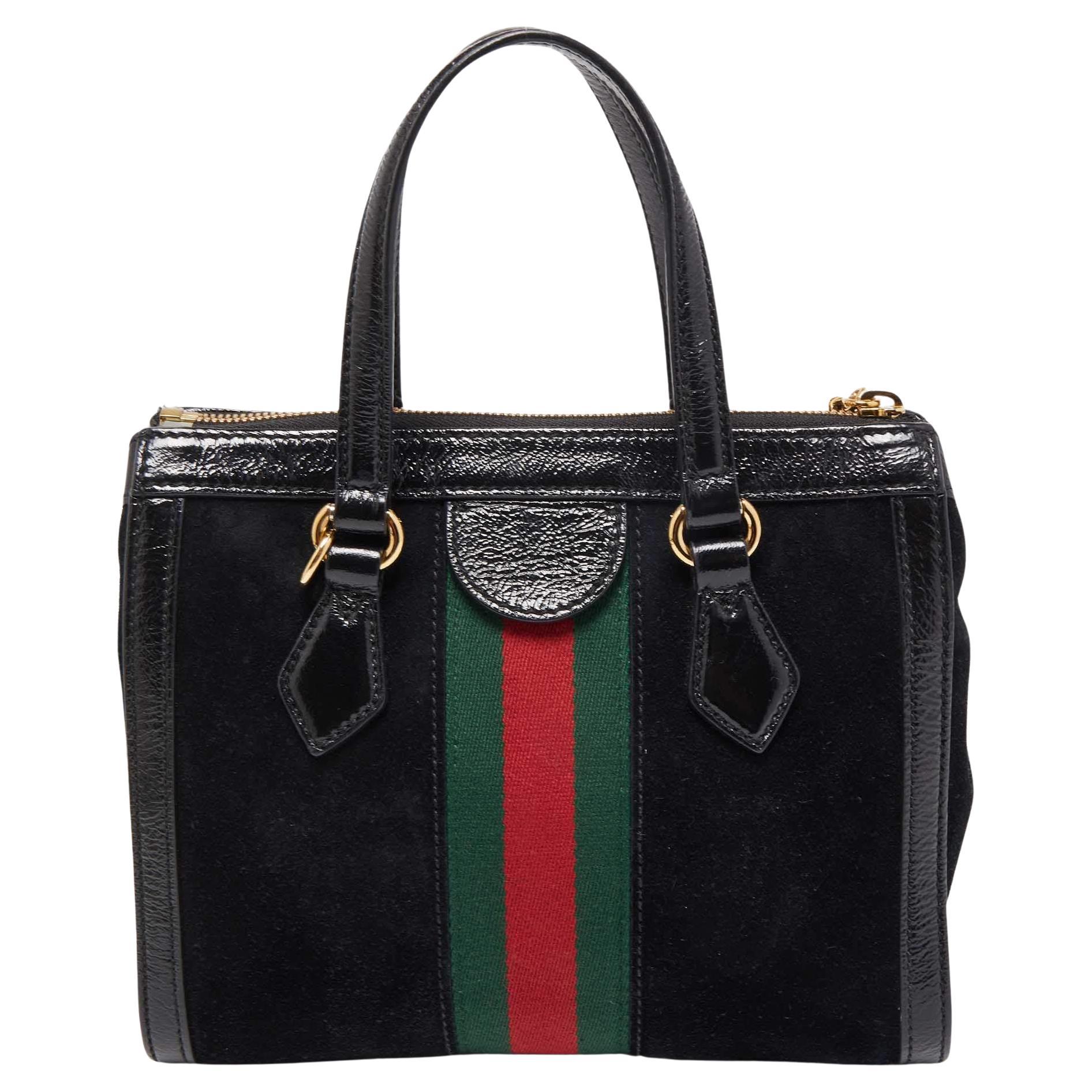 Gucci Black Suede and Patent Leather Small Web Ophidia Tote For Sale
