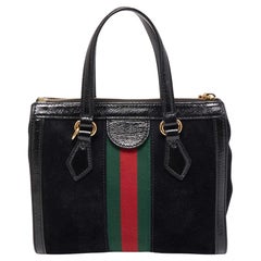 Used Gucci Black Suede and Patent Leather Small Web Ophidia Tote