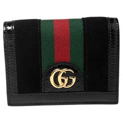 Gucci Black Suede and Patent Leather Web Ophidia Card Case Wallet