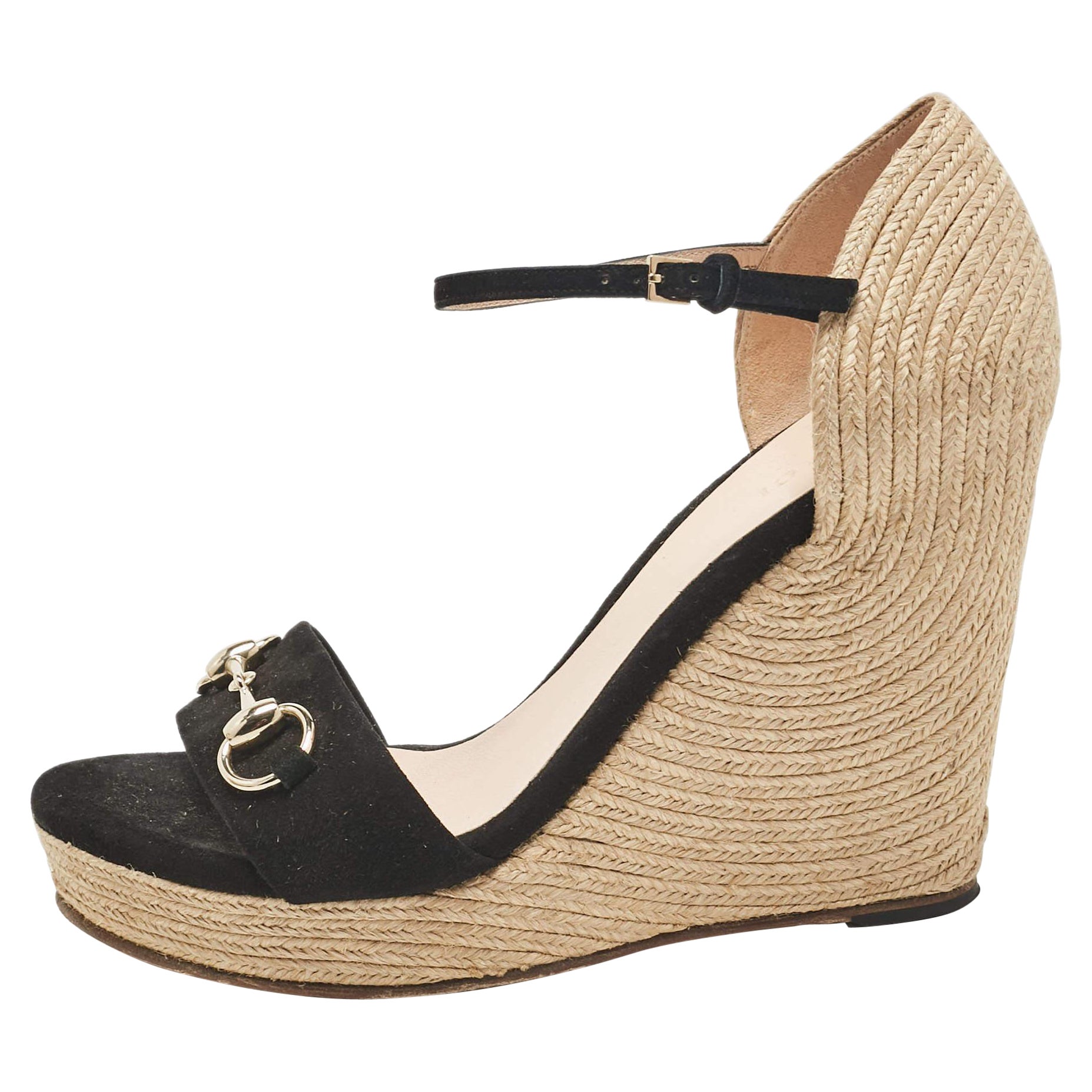 Gucci Black Suede and Raffia Horsebit Wedge Sandals Size 39