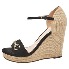 Gucci Black Suede and Raffia Horsebit Wedge Sandals Size 39