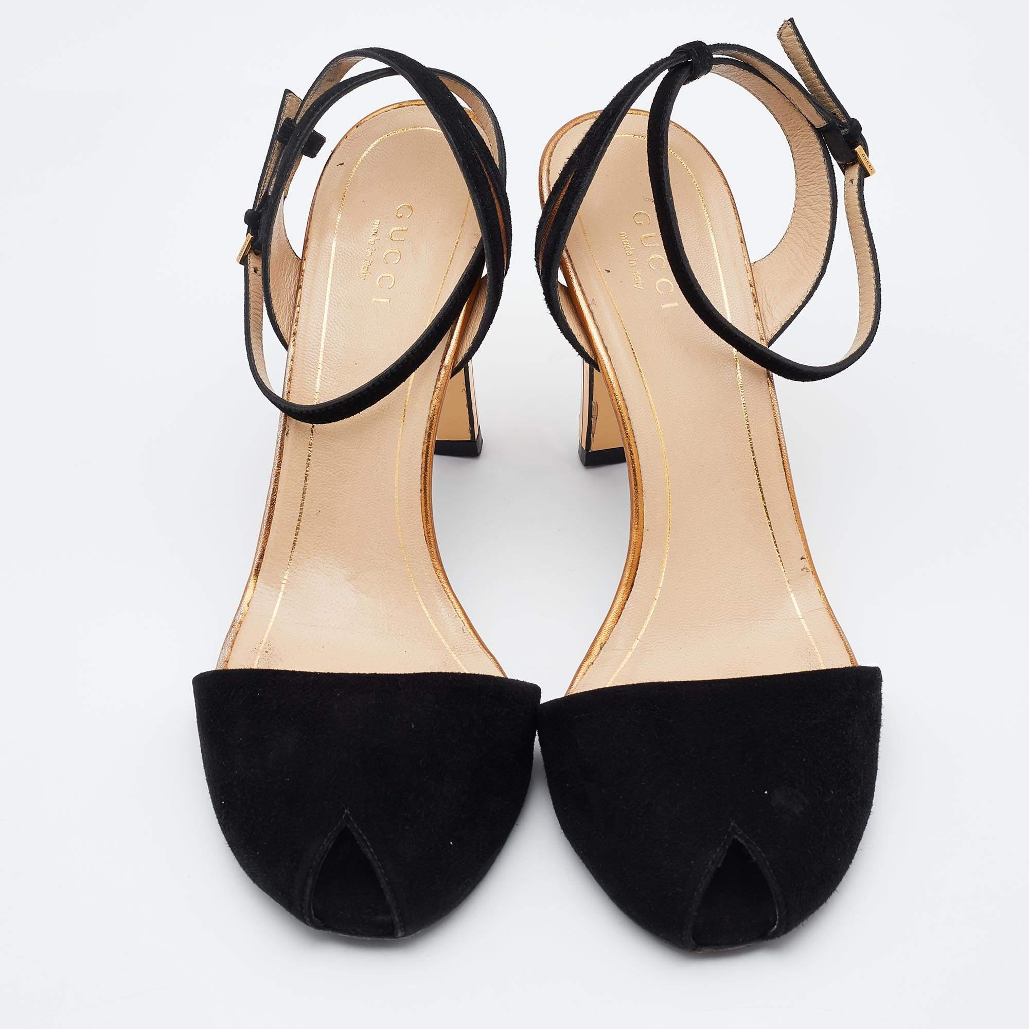 Beige Gucci Black Suede Ankle Strap Peep Toe Sandals Size 37.5 For Sale