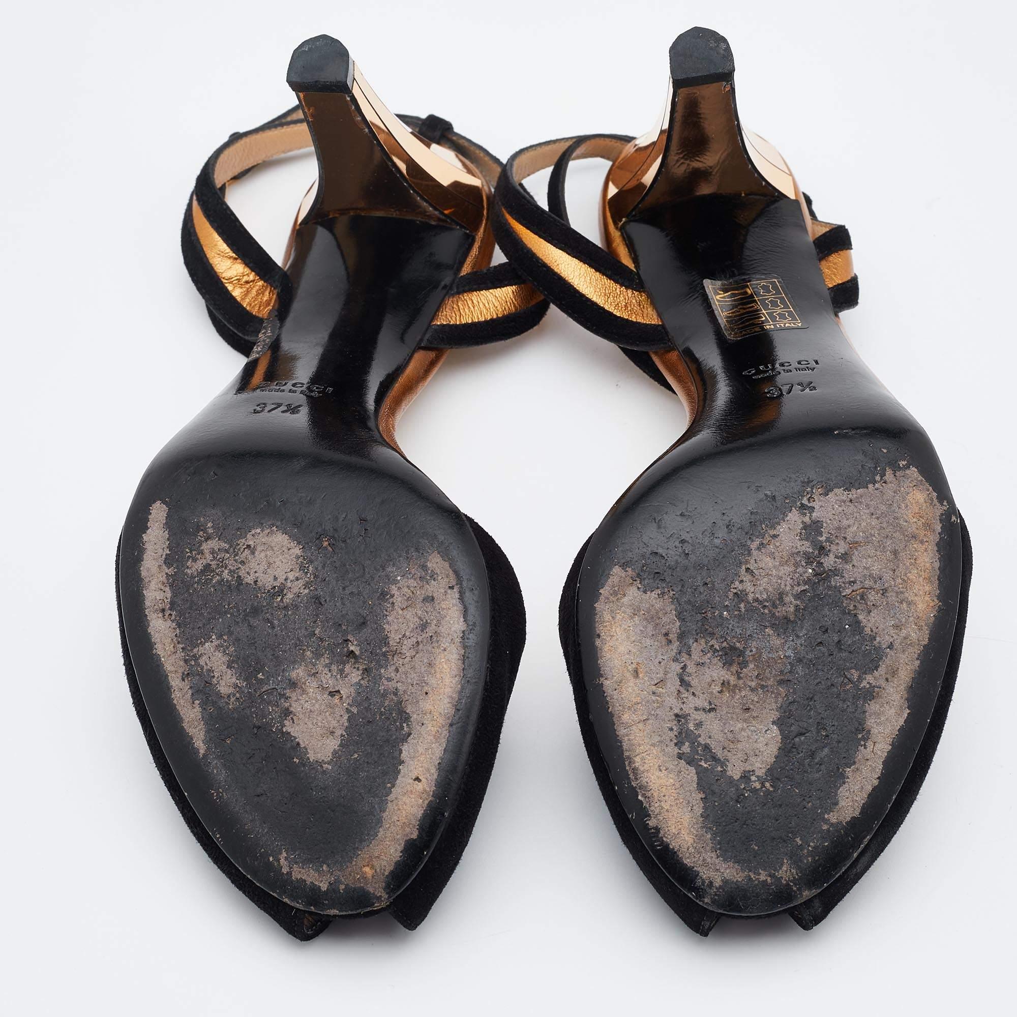 Gucci Black Suede Ankle Strap Peep Toe Sandals Size 37.5 For Sale 1