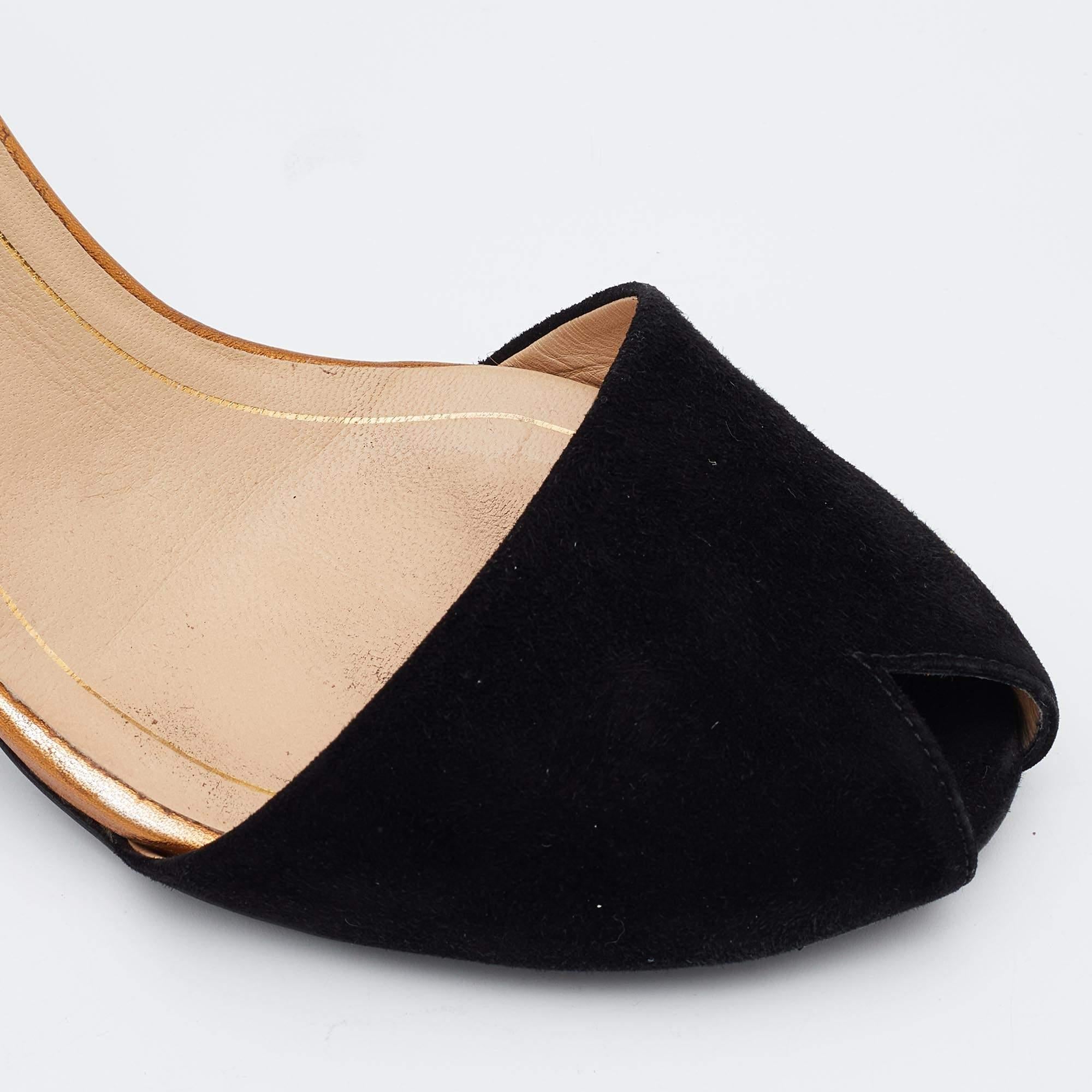 Gucci Black Suede Ankle Strap Peep Toe Sandals Size 37.5 For Sale 2