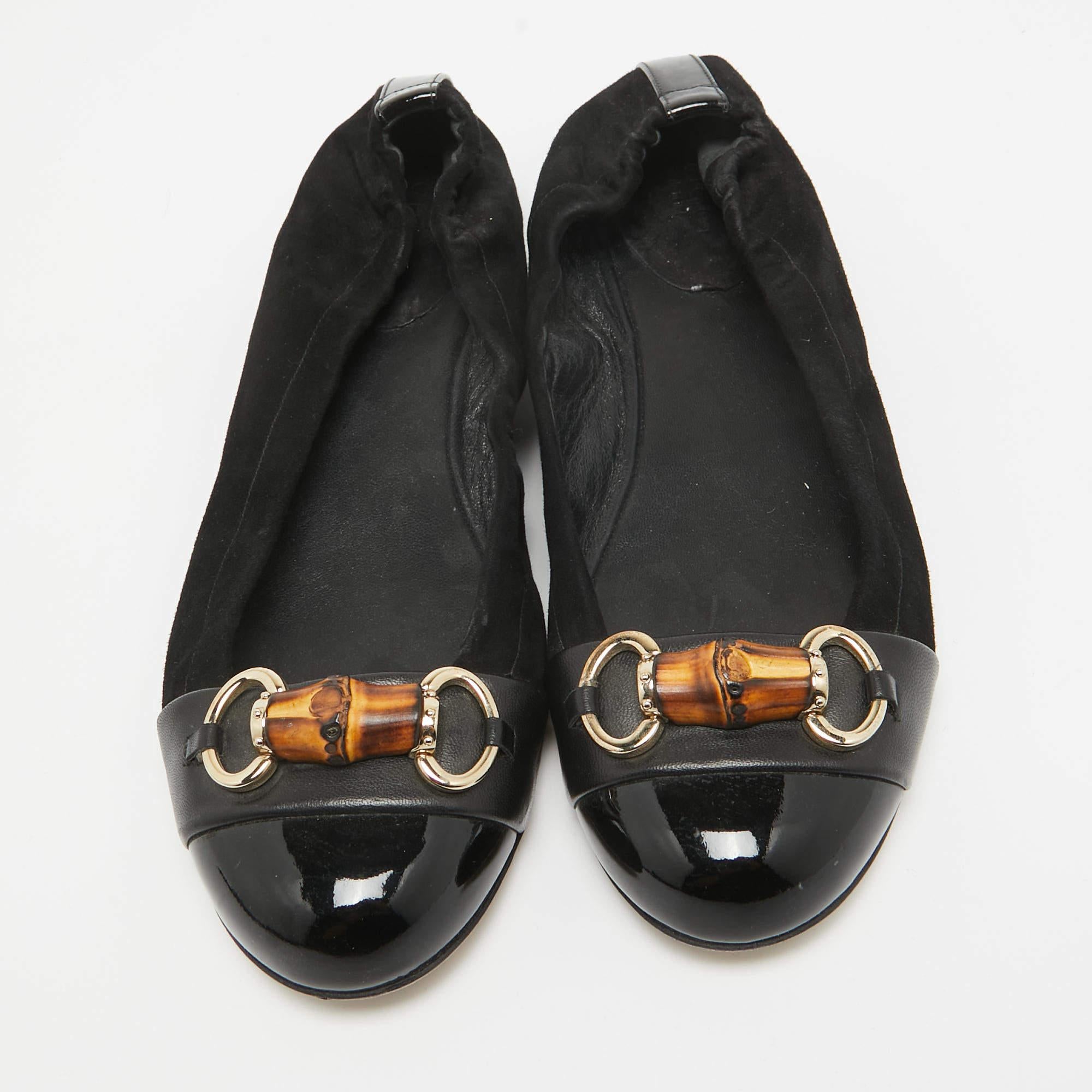 Gucci Black Suede Bamboo Accent Suede Ballet Flats Size 37 In Fair Condition In Dubai, Al Qouz 2