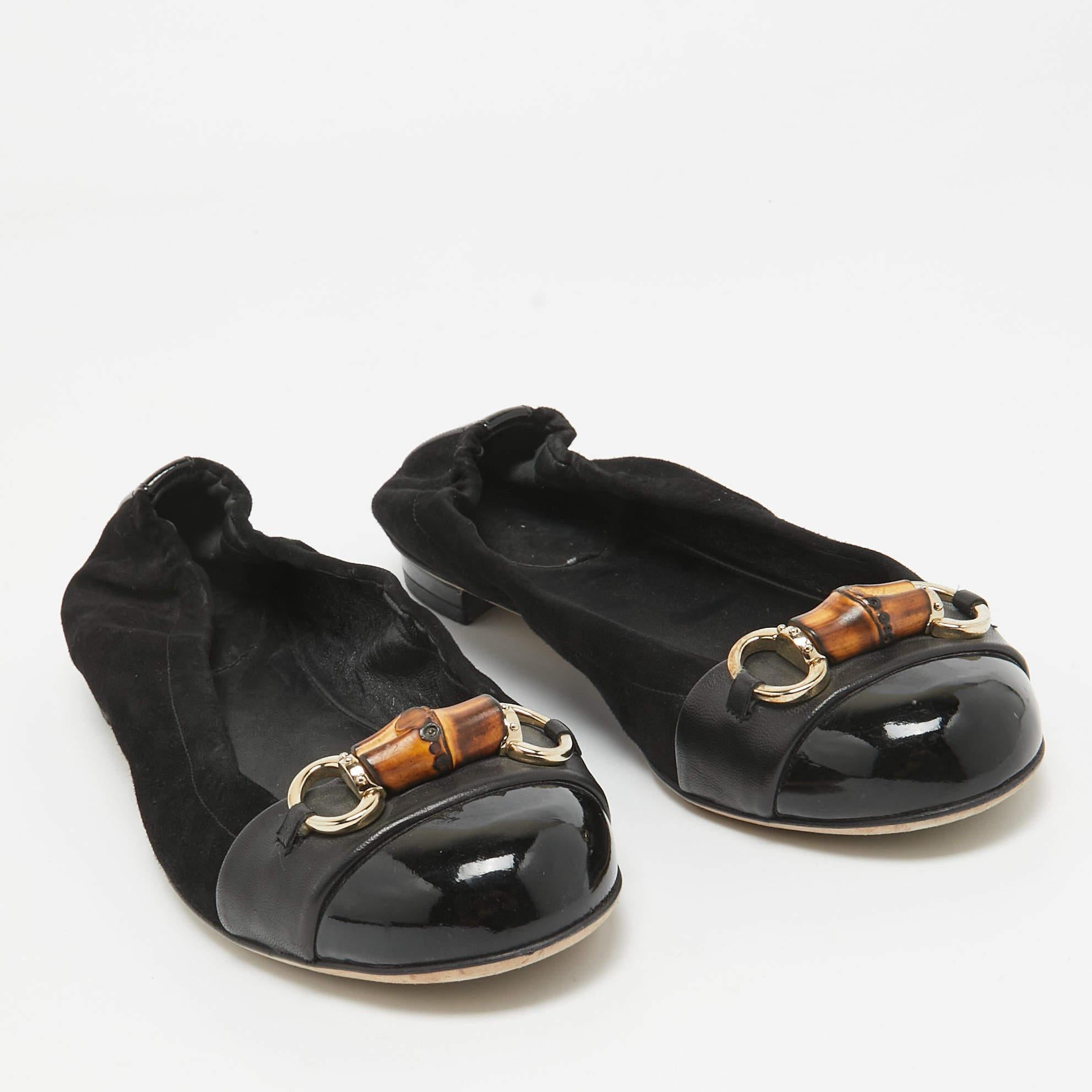 Women's Gucci Black Suede Bamboo Accent Suede Ballet Flats Size 37