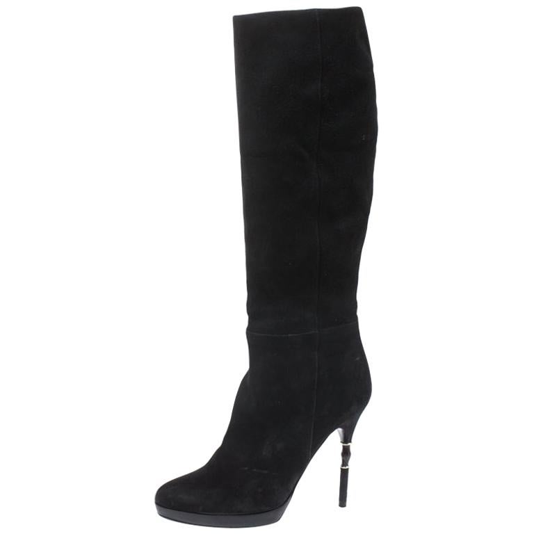 Gucci Black Suede & Bamboo Bit Heel Knee High Boots Size 37.5