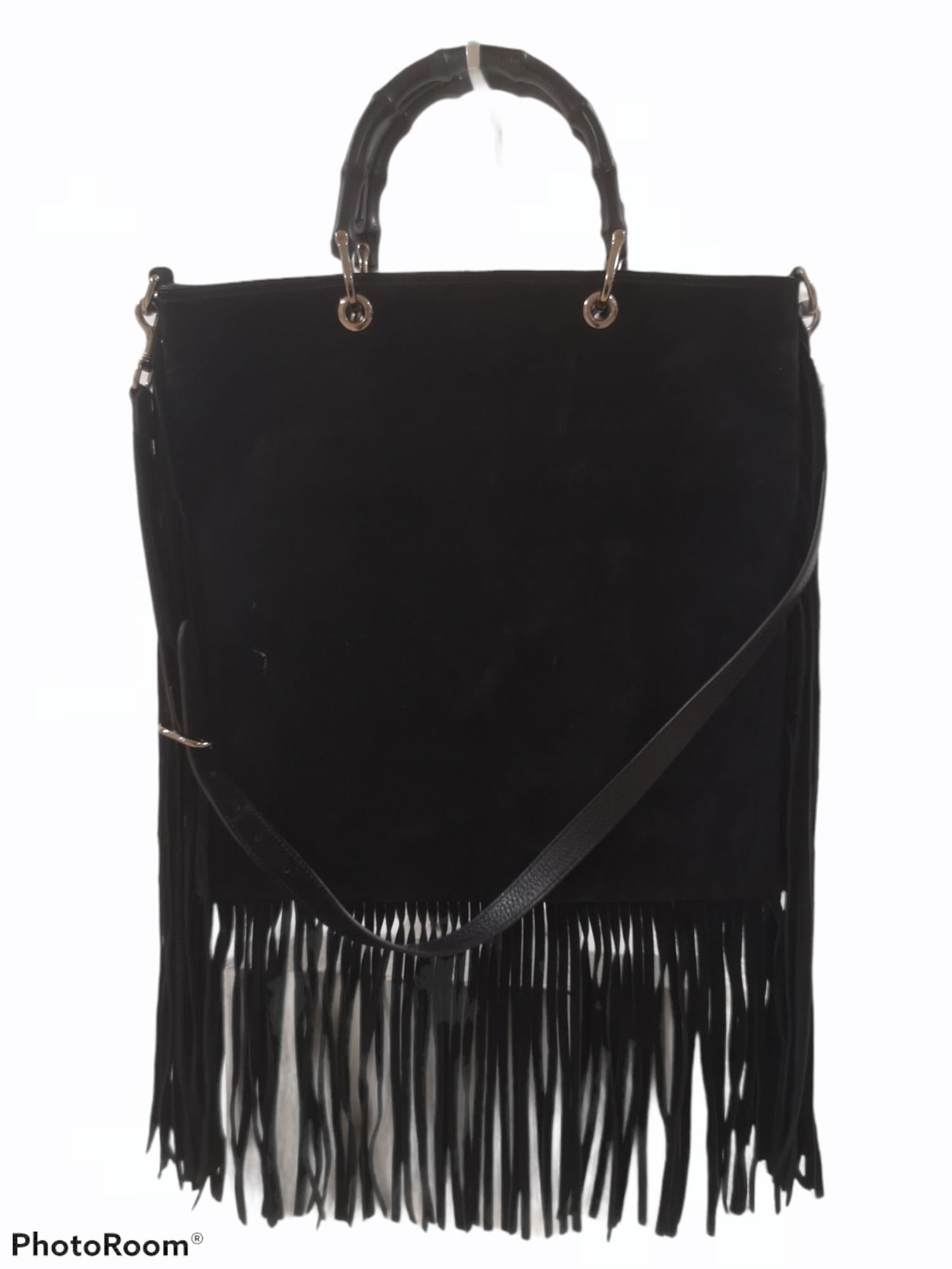 Gucci black suede bamboo handle fringes bag 1