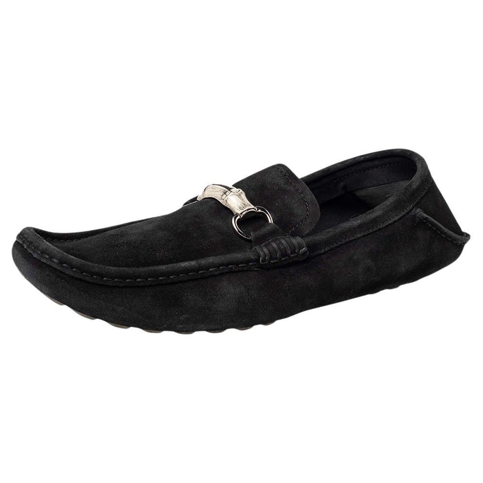 Gucci Black Suede Bamboo Horsebit Slip On Loafers Size 46 For Sale