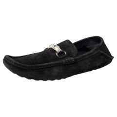 Used Gucci Black Suede Bamboo Horsebit Slip On Loafers Size 46
