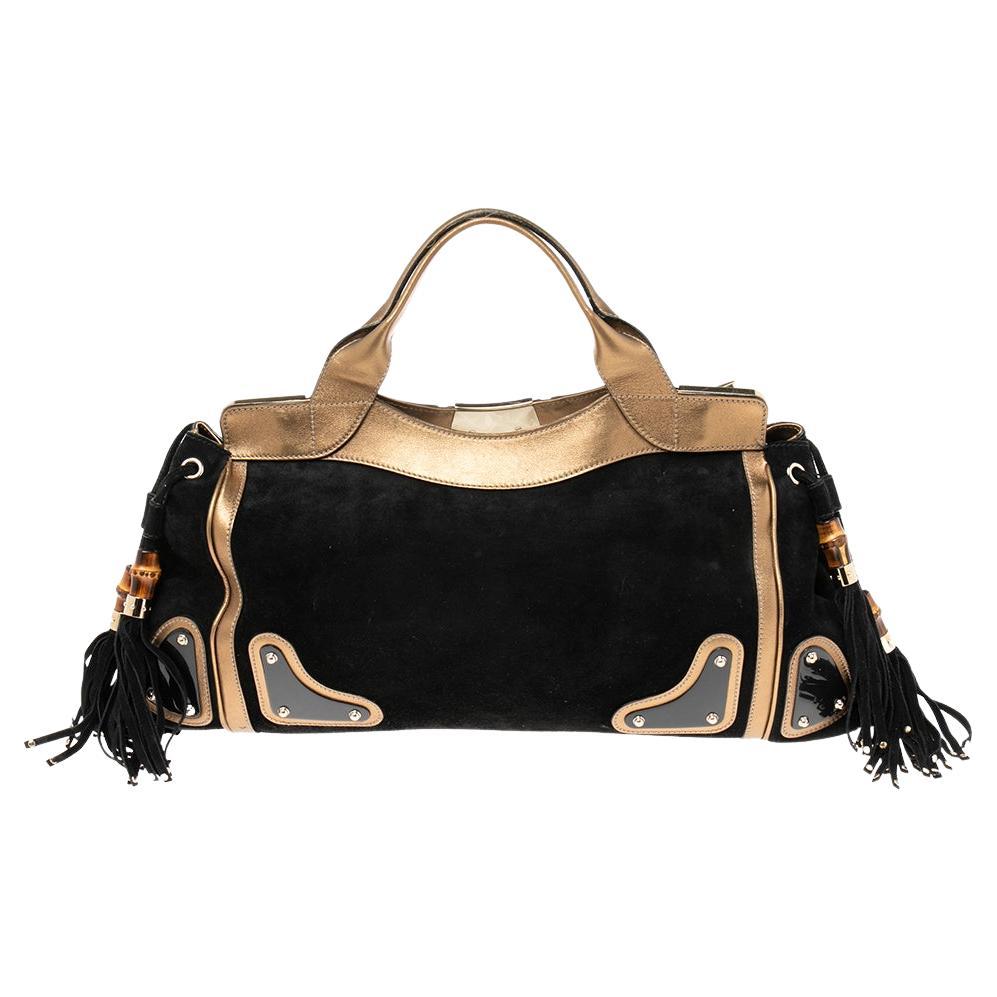 Gucci Black Suede Bamboo Tassel Indy Satchel