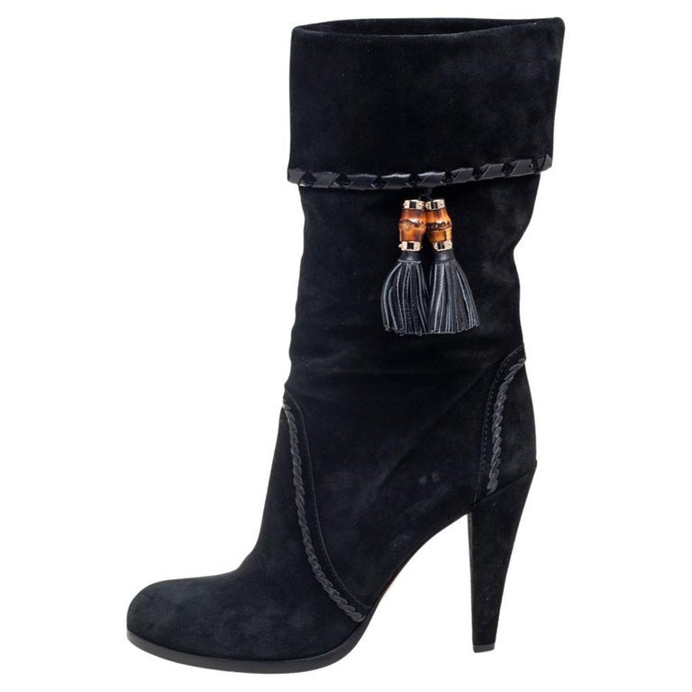 Gucci Black Suede Bamboo Tassel Mid Calf Boots Size 41 For Sale at 1stDibs