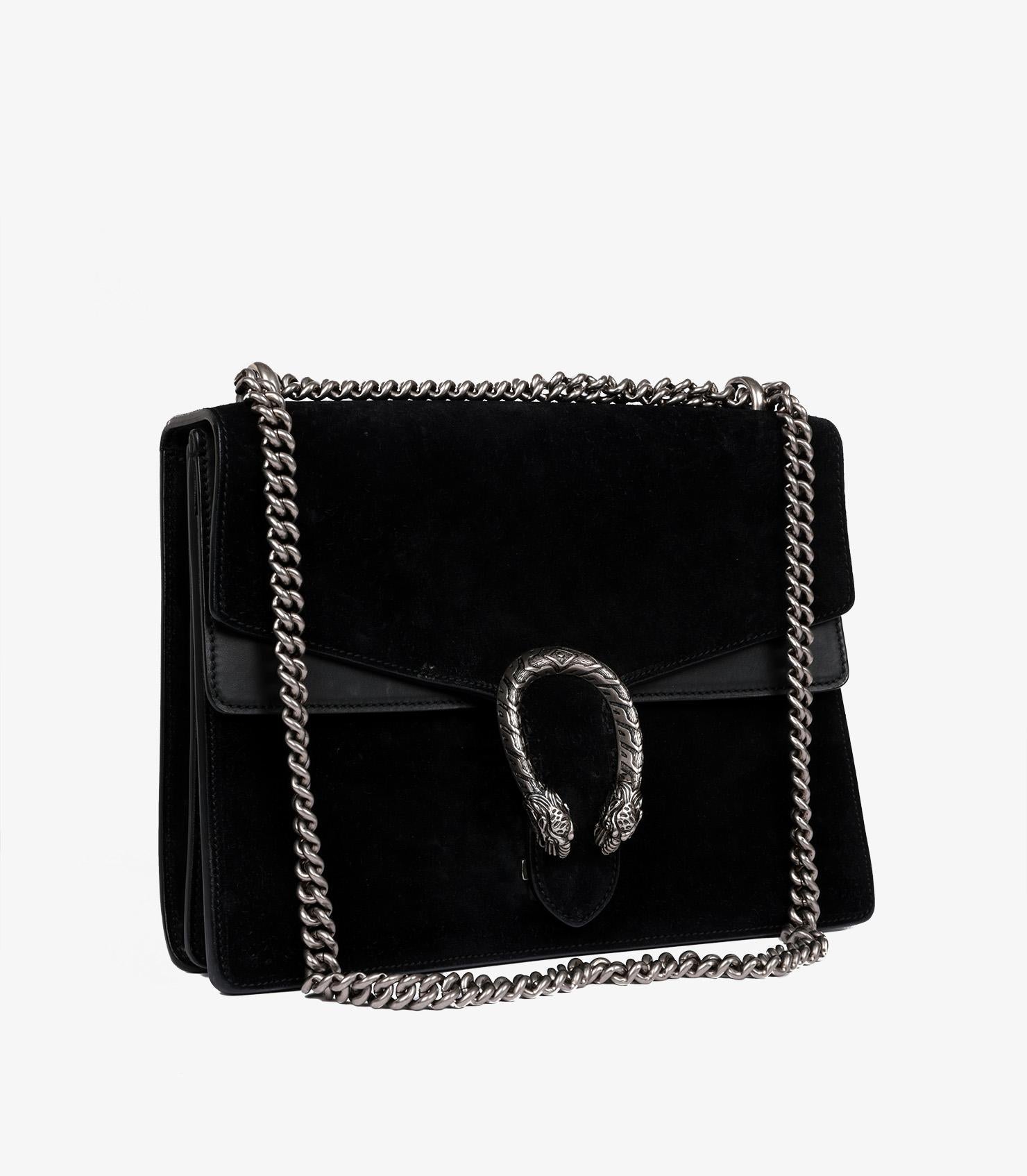 Gucci Black Suede & Black Smooth Leather Medium Dionysus Shoulder Bag In Excellent Condition In Bishop's Stortford, Hertfordshire