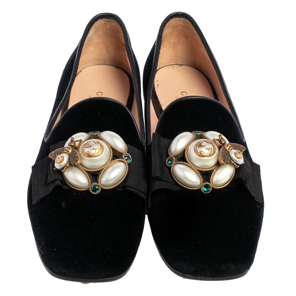 Women's Gucci Black Suede Butterfly Bee Pearl Smoking Slippers Size 35