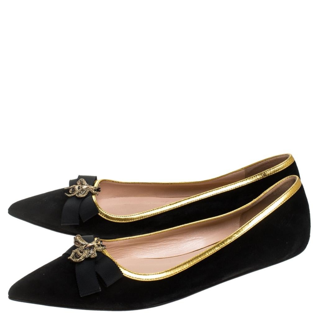 Gucci Black Suede Butterfly Bow Embellished Pointed Toe Ballet Flats Size 37.5 2