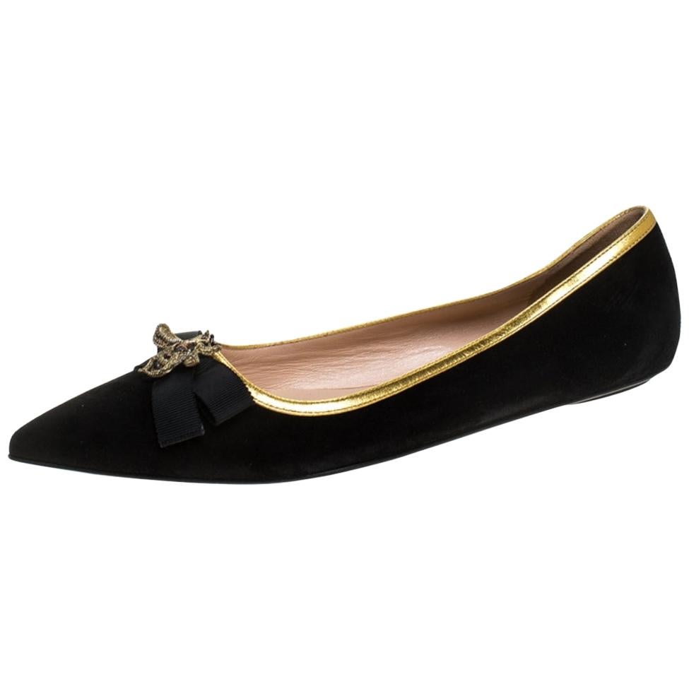Gucci Black Suede Butterfly Bow Embellished Pointed Toe Ballet Flats Size 37.5
