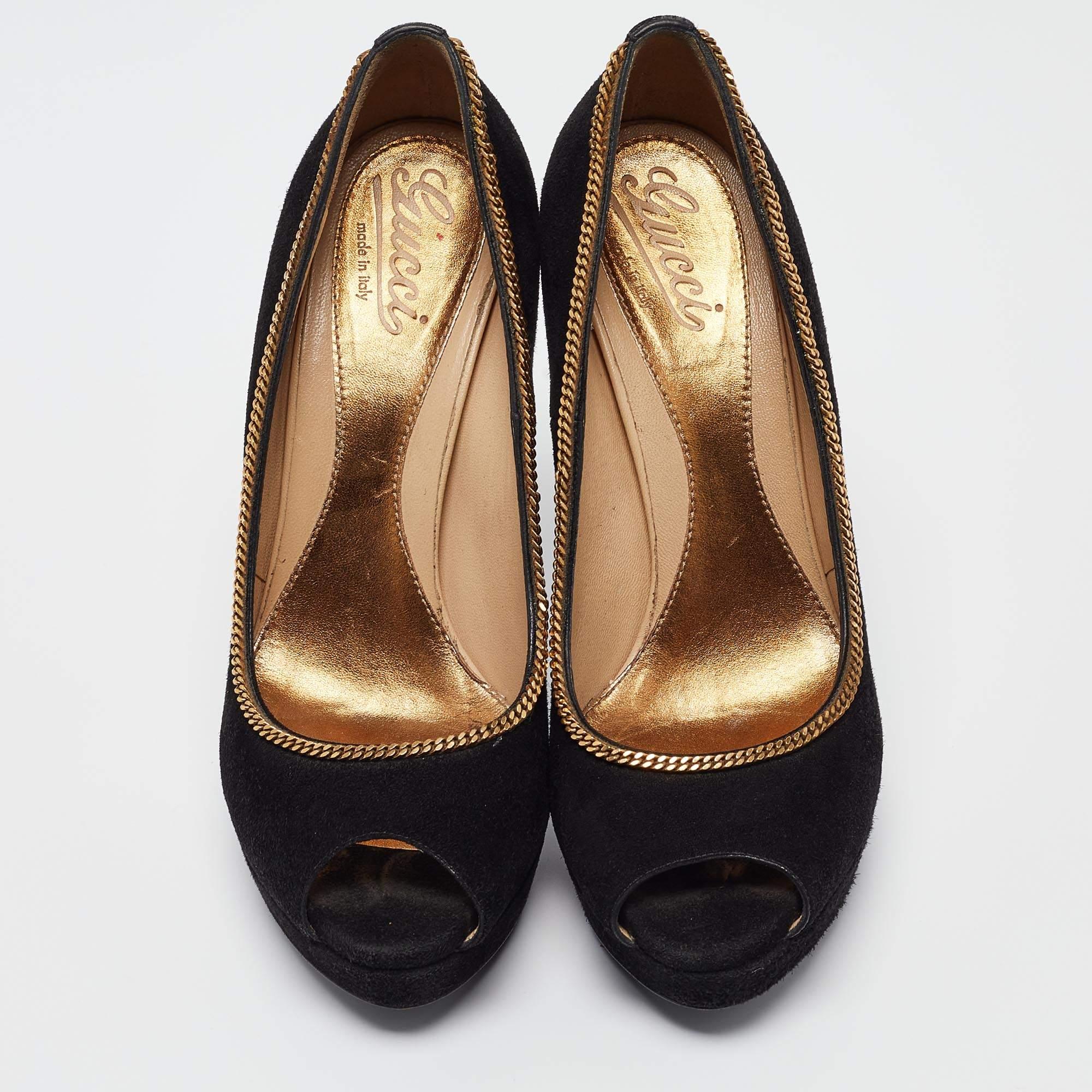 Gucci Black Suede Chain Trim Peep Toe Platform Pumps Size 40 Negro en venta
