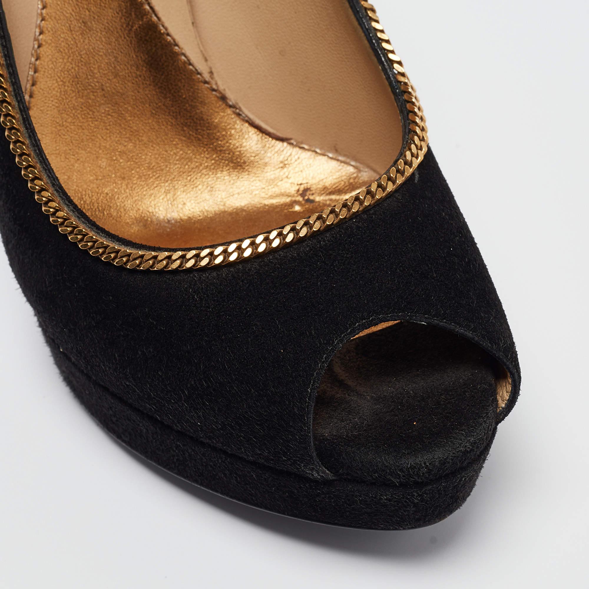 Gucci Black Suede Chain Trim Peep Toe Platform Pumps Size 40 en venta 2