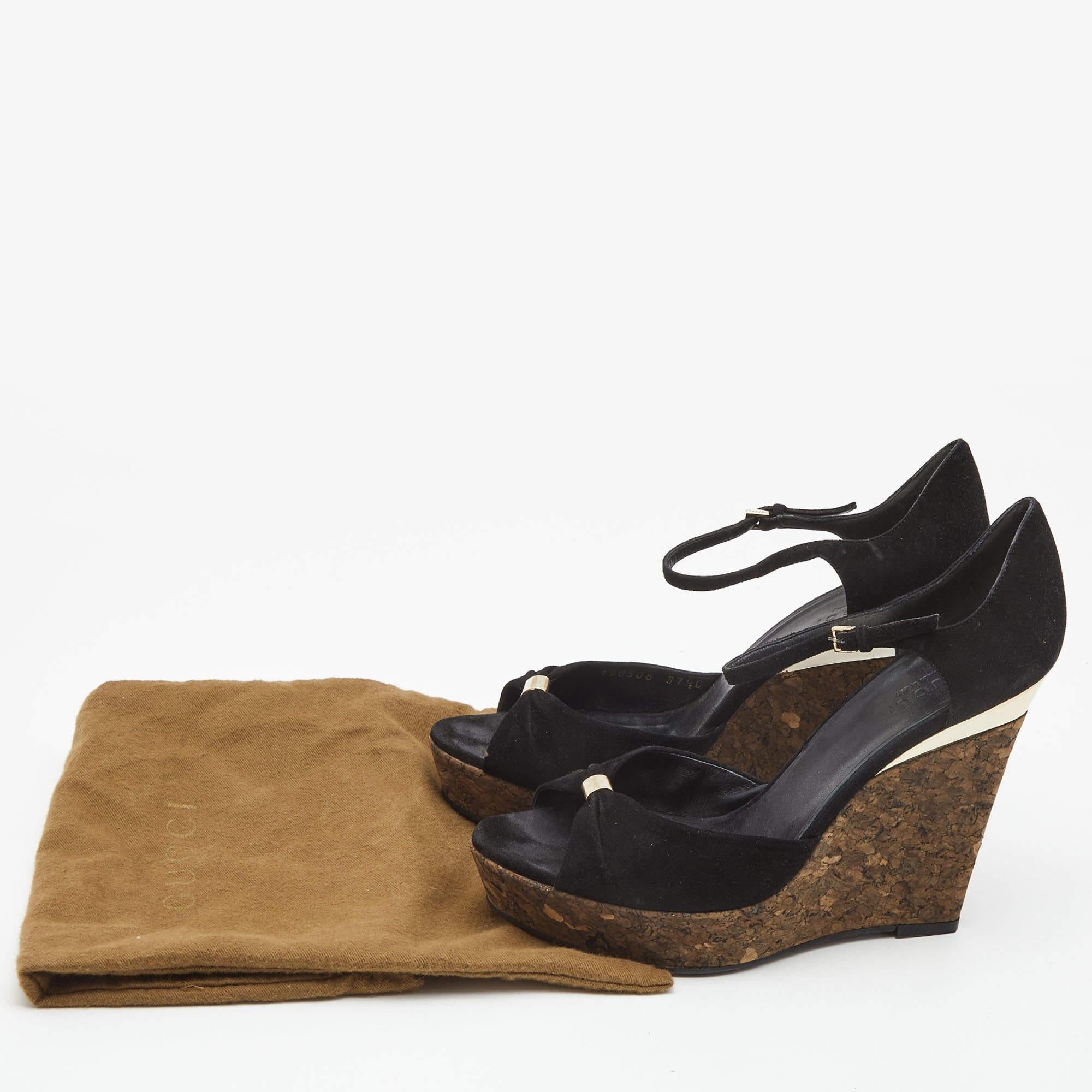 Gucci Black Suede Cork Wedge Platform Ankle Strap Sandals Size 37.5 For Sale 6