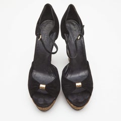 Gucci Black Suede Cork Wedge Platform Ankle Strap Sandals Size 37.5
