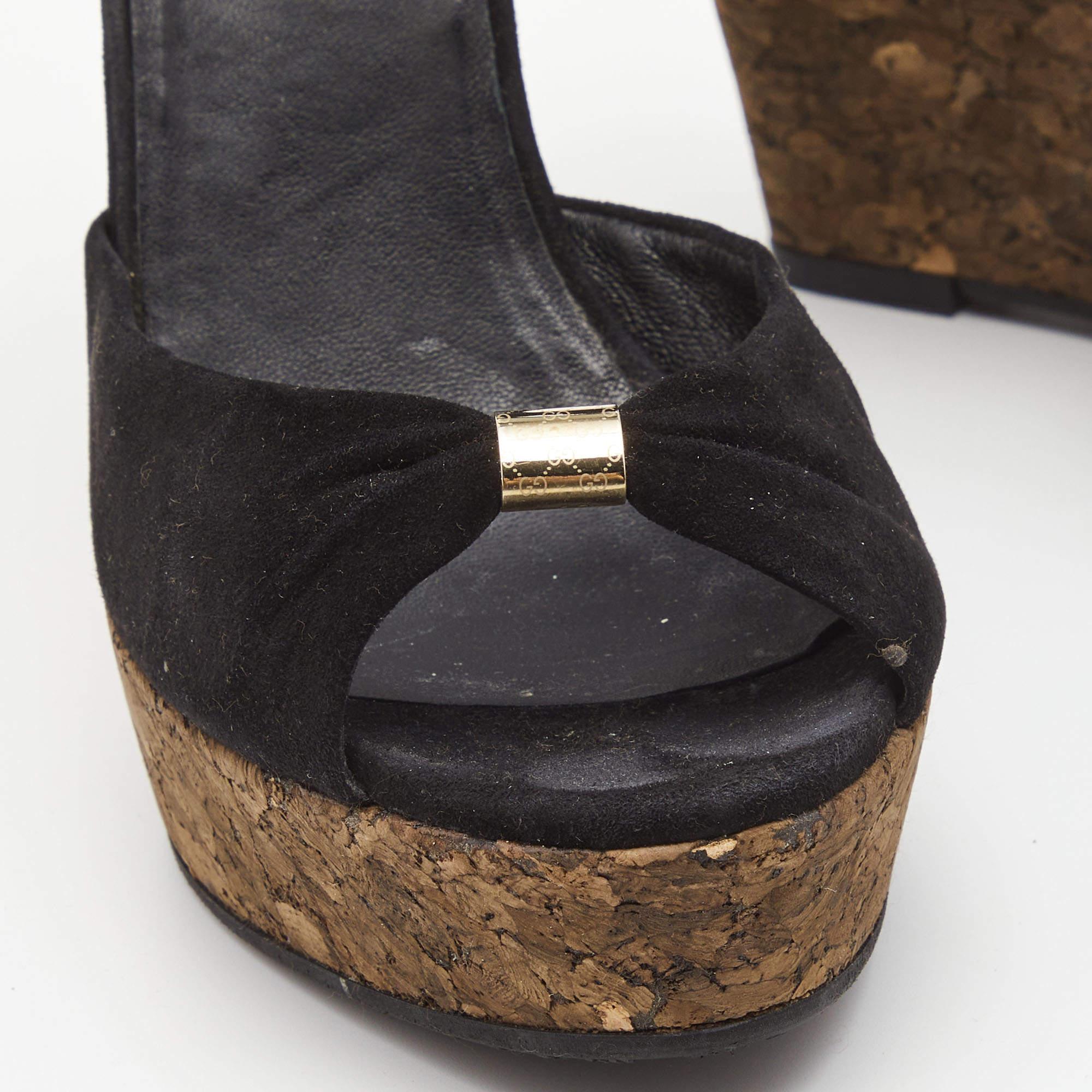 Women's Gucci Black Suede Cork Wedge Platform Ankle Strap Sandals Size 37.5 For Sale