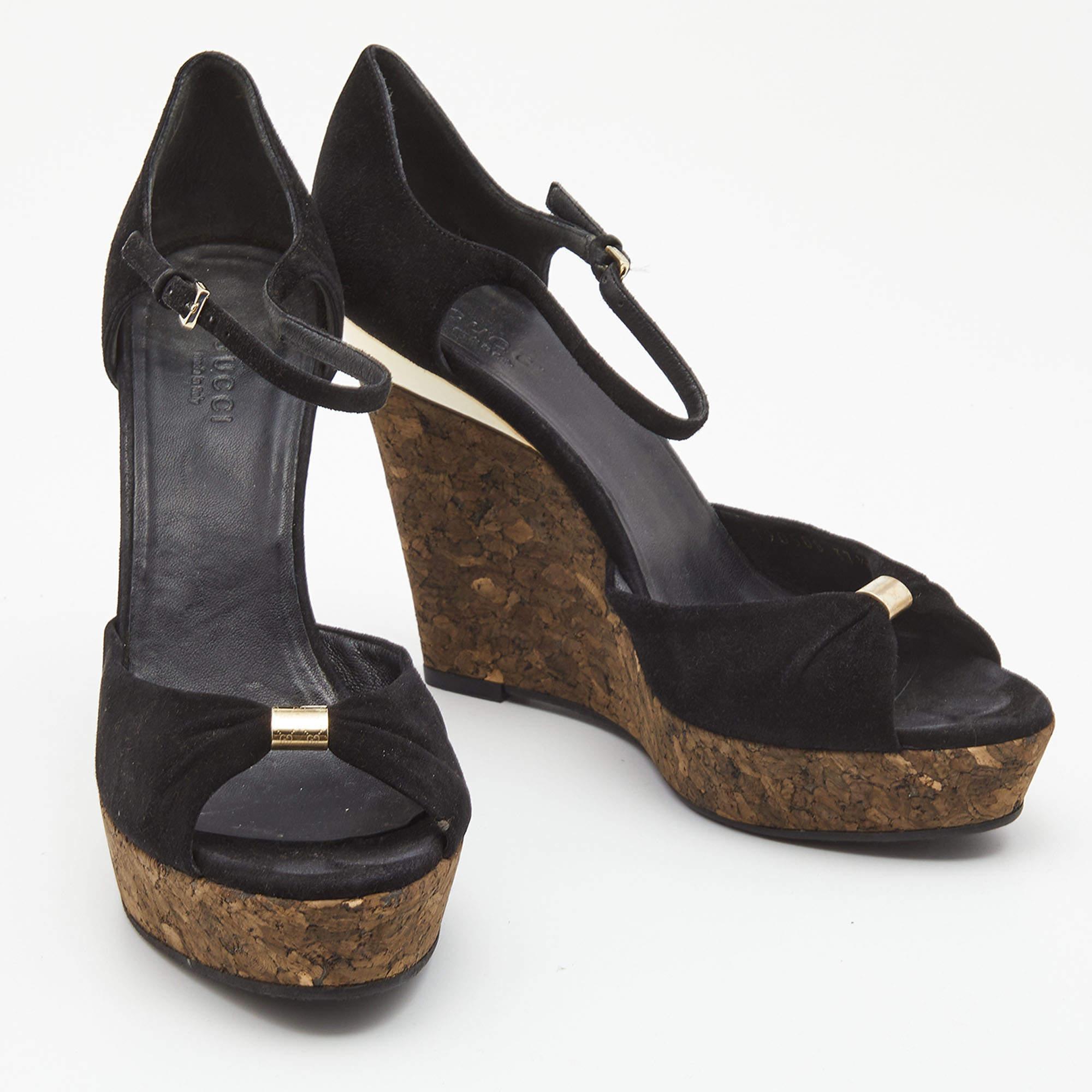 Gucci Black Suede Cork Wedge Platform Ankle Strap Sandals Size 37.5 For Sale 1