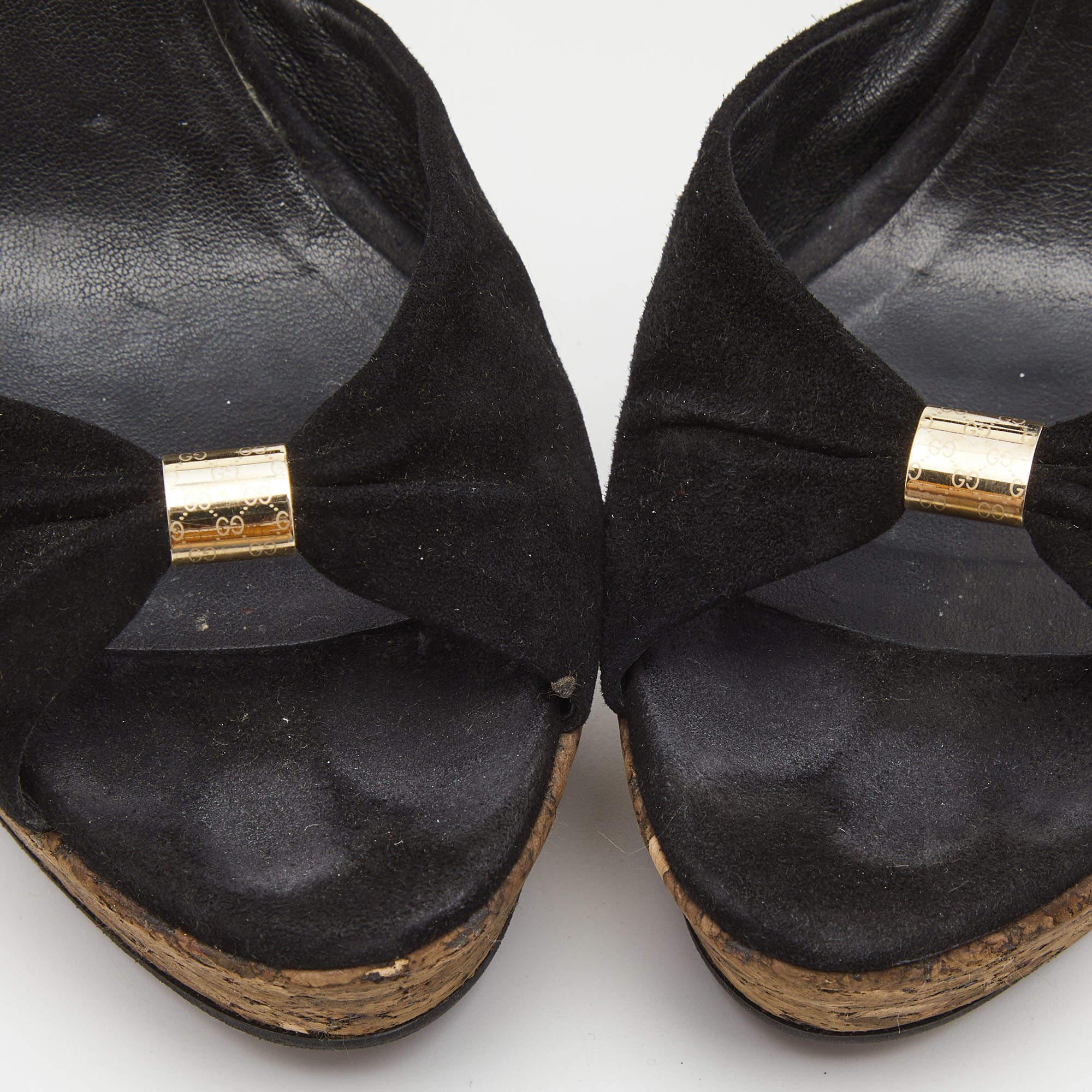 Gucci Black Suede Cork Wedge Platform Ankle Strap Sandals Size 37.5 For Sale 2