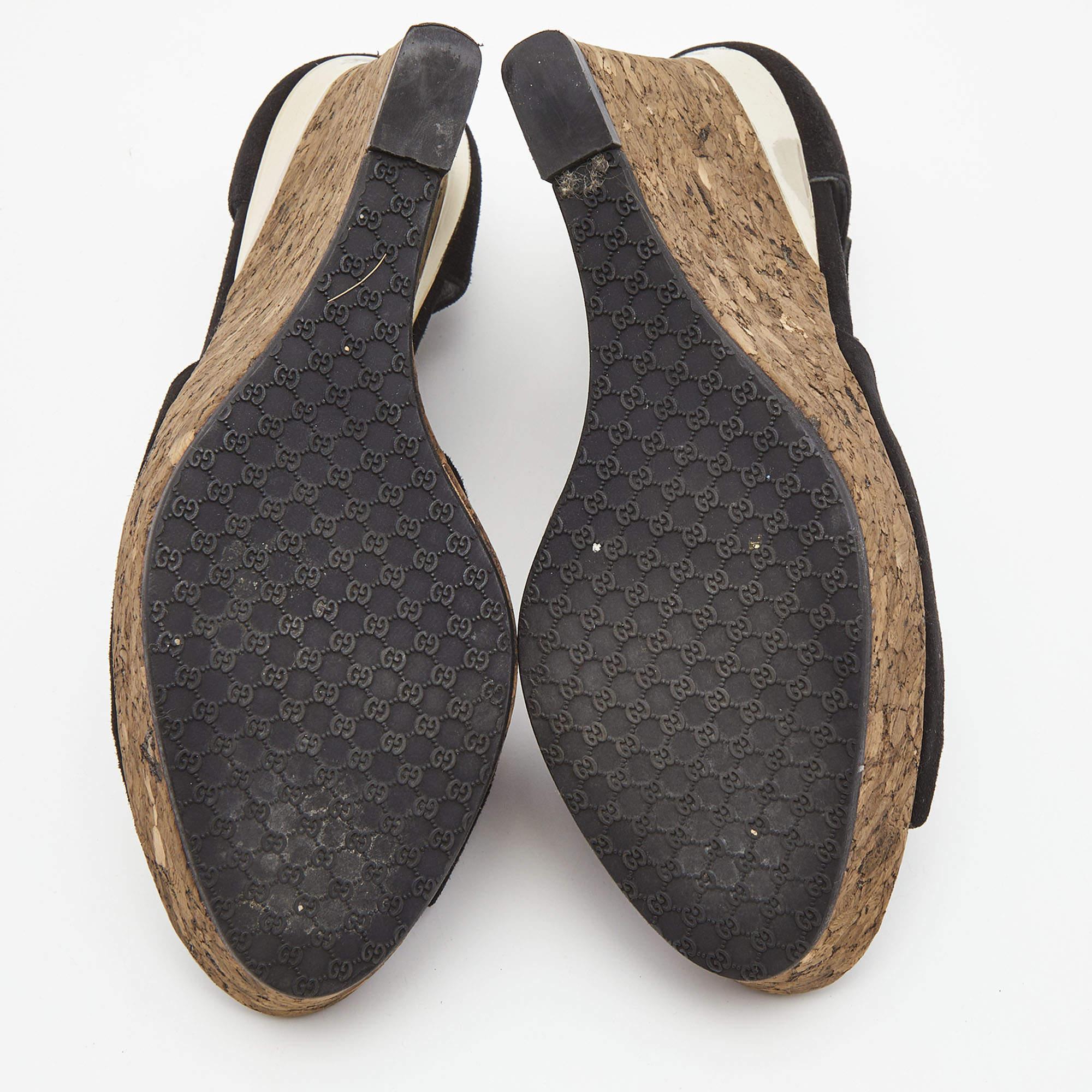Gucci Black Suede Cork Wedge Platform Ankle Strap Sandals Size 37.5 For Sale 3