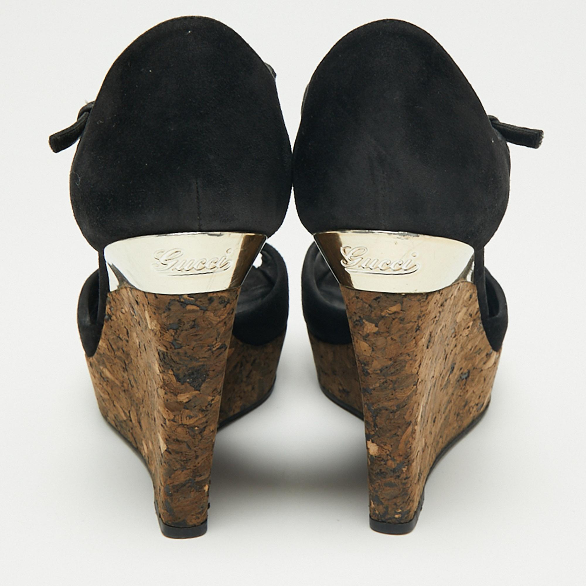 Women's Gucci Black Suede Cork Wedge Platform Sandals Size 38