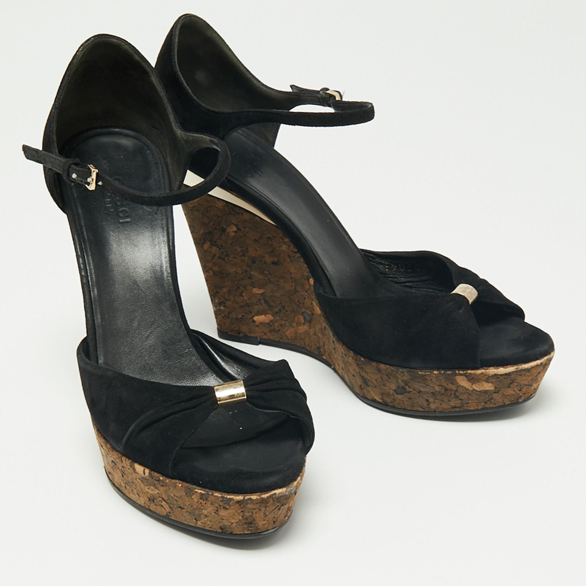 Gucci Black Suede Cork Wedge Platform Sandals Size 38 1