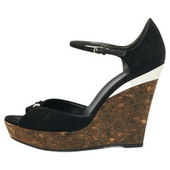 Gucci Black Suede Cork Wedge Platform Sandals Size 38