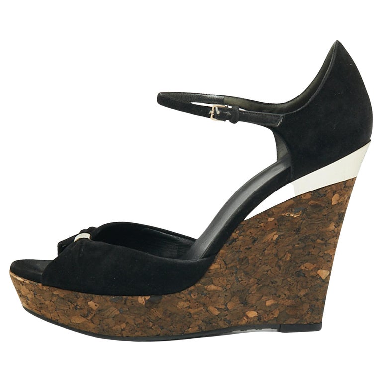 Gucci Black Suede Cork Wedge Platform Sandals Size 38 For Sale at 1stDibs